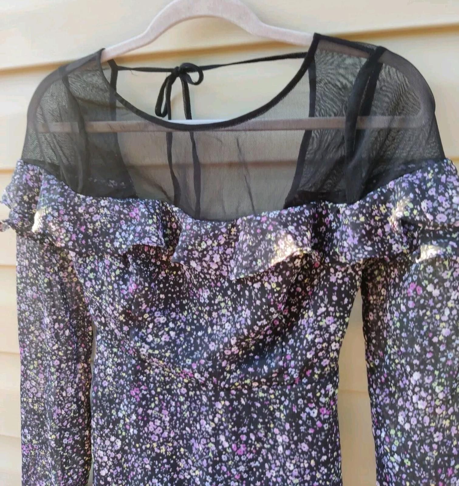 Free People Free People Black Purple Floral Smocked Ruffle Sheer Tie Nec Size XS / US 0-2 / IT 36-38 - 4 Thumbnail