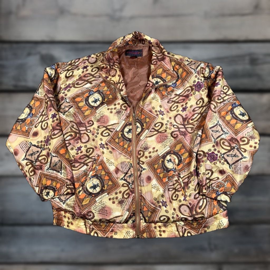 Gloverall VTG Equestrian Silk Zip Jacket Women's Large Beige All Over Pattern Geometric 90s Windbreaker Long Sleeve Full Zip Pockets Shoulder Pads Vintage Style Size L / US 10 / IT 46 - 1 Thumbnail