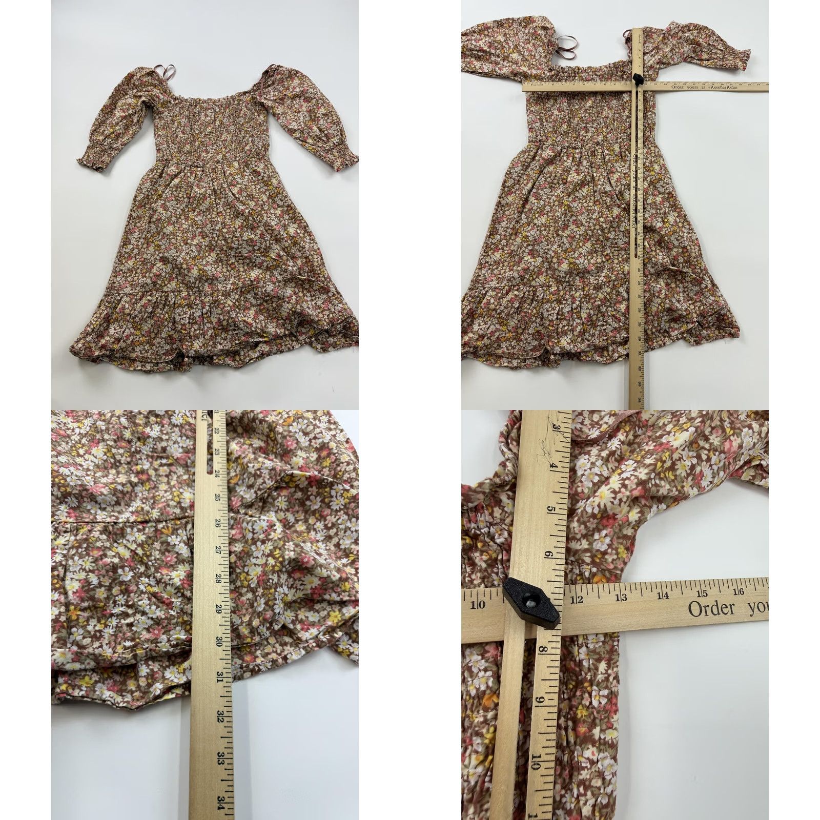 Vintage Sim & Sam Dress Womens Small Brown Floral Smocked Off Shoulder Ruffle Hem Mini Size S / US 4 / IT 40 - 8 Thumbnail
