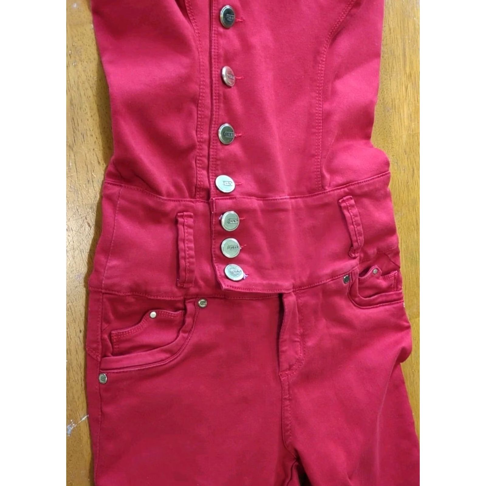 Vintage CHNT Red Overalls Jeans Women 12 Slim Stretch Pockets Button Zip Inseam 26 Latin Club Sexy Size 34" / US 12 / IT 48 - 3 Thumbnail