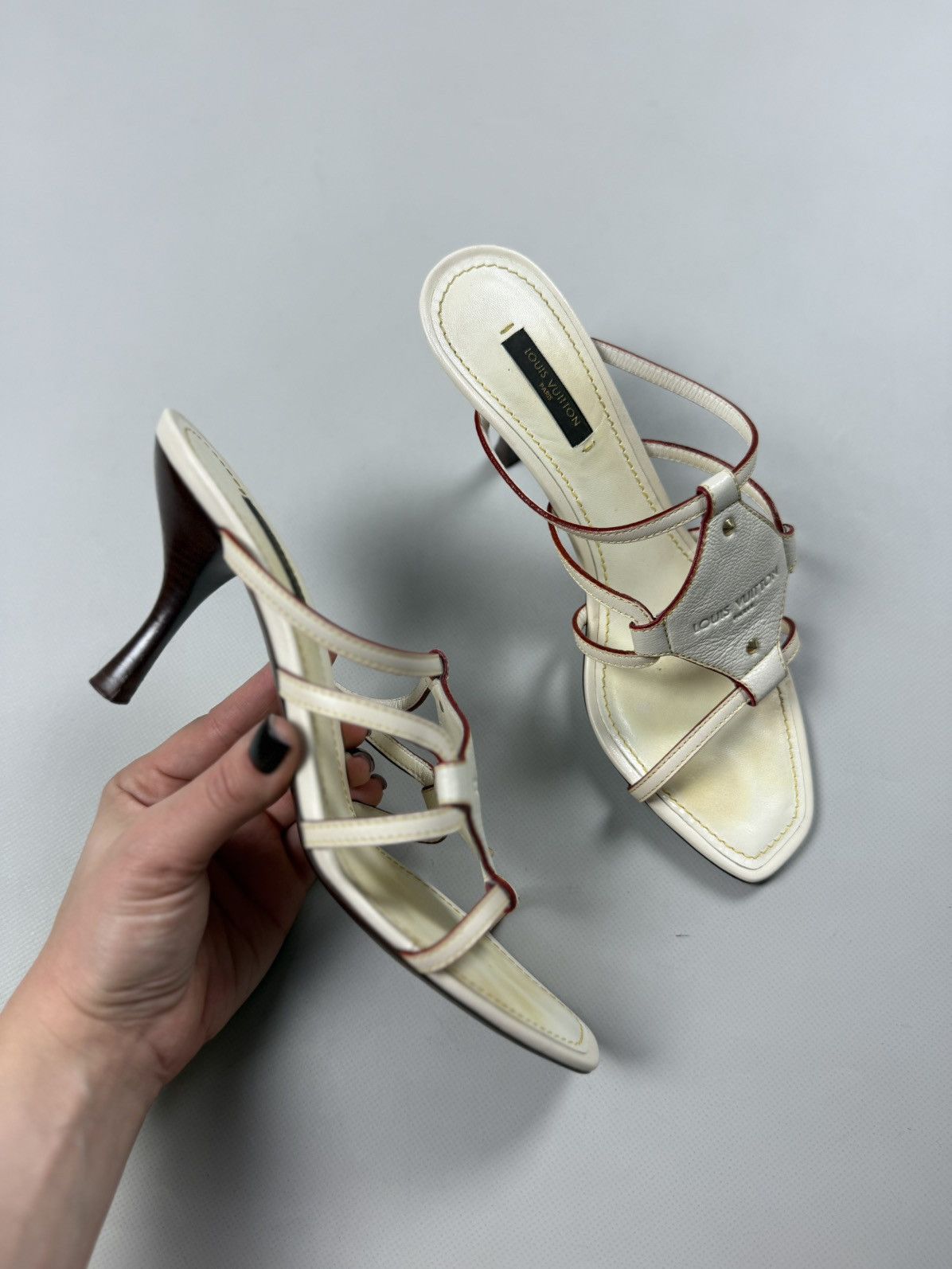 Louis Vuitton Louis Vuitton Cream Leather VTG Ankle Strap Heels Sandals Size US 8 / IT 38 - 5 Thumbnail