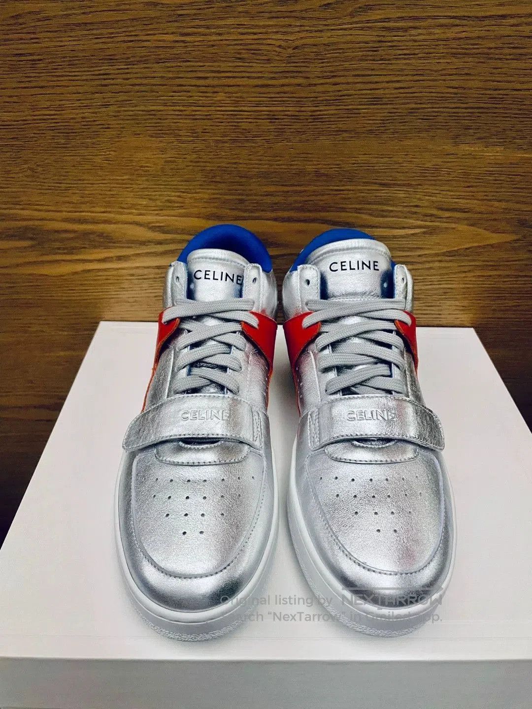 Celine Silver High-Top Sneakers with Red/Blue Accents. Size US 8 / EU 41 - 7 Thumbnail