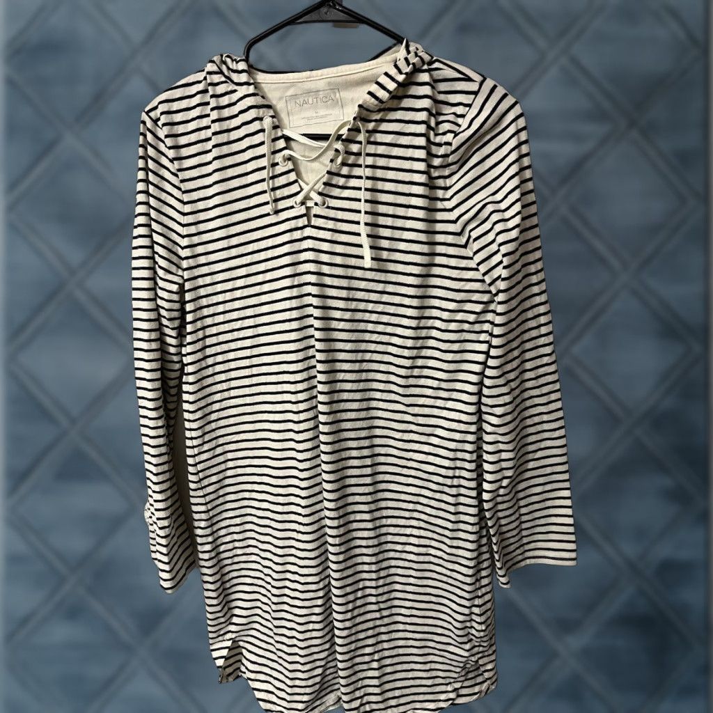 Nautica Nautica Pullover Hoodie Jacket Sweatshirt Striped V-Neck Pockets Lace Up M Women Blue White Nautical Vintage No Size M / US 6-8 / IT 42-44 - 1 Thumbnail