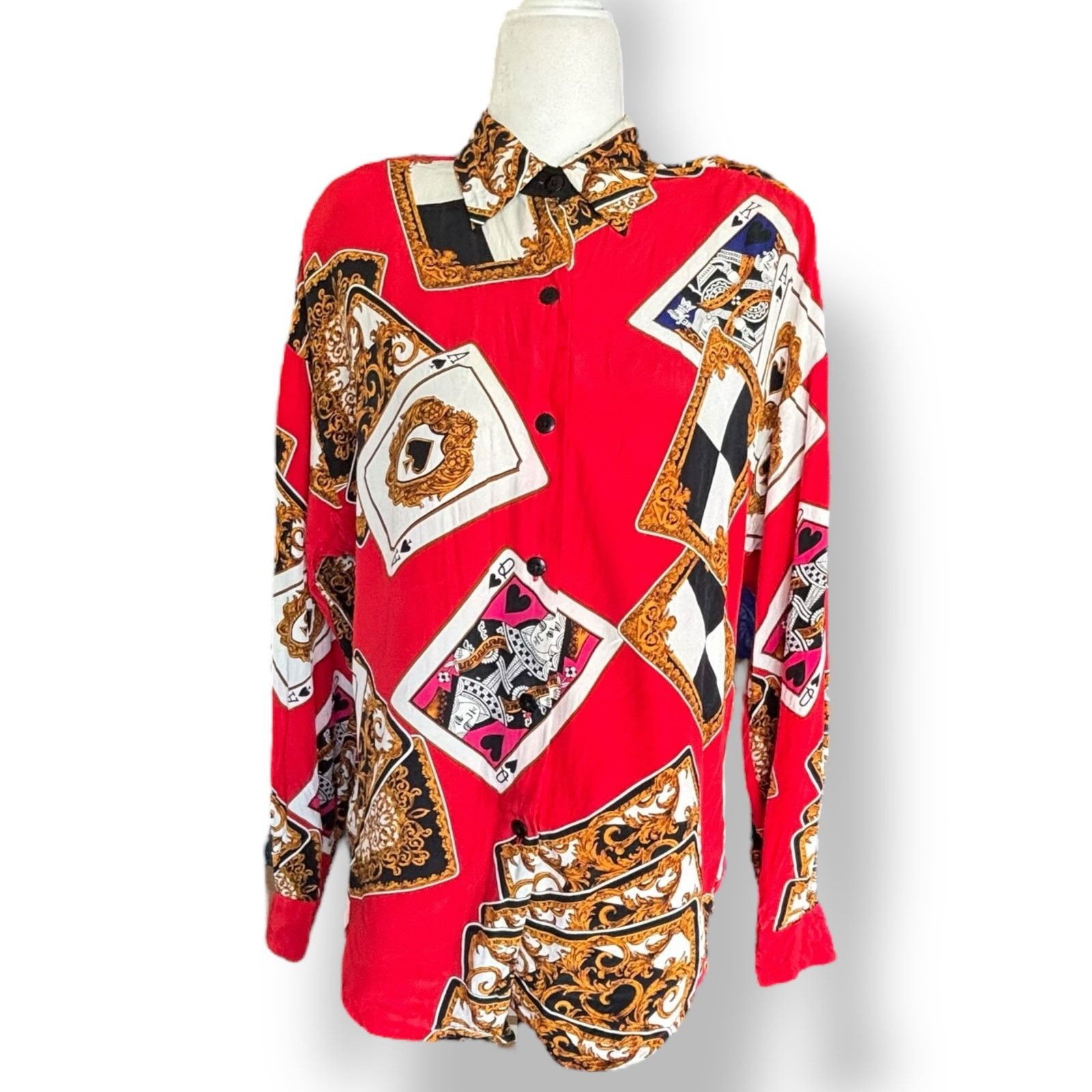 Vintage Vintage 90s Ellen Tracy Red Silk Shirt Playing Card Print Size S / US 4 / IT 40 - 1 Thumbnail