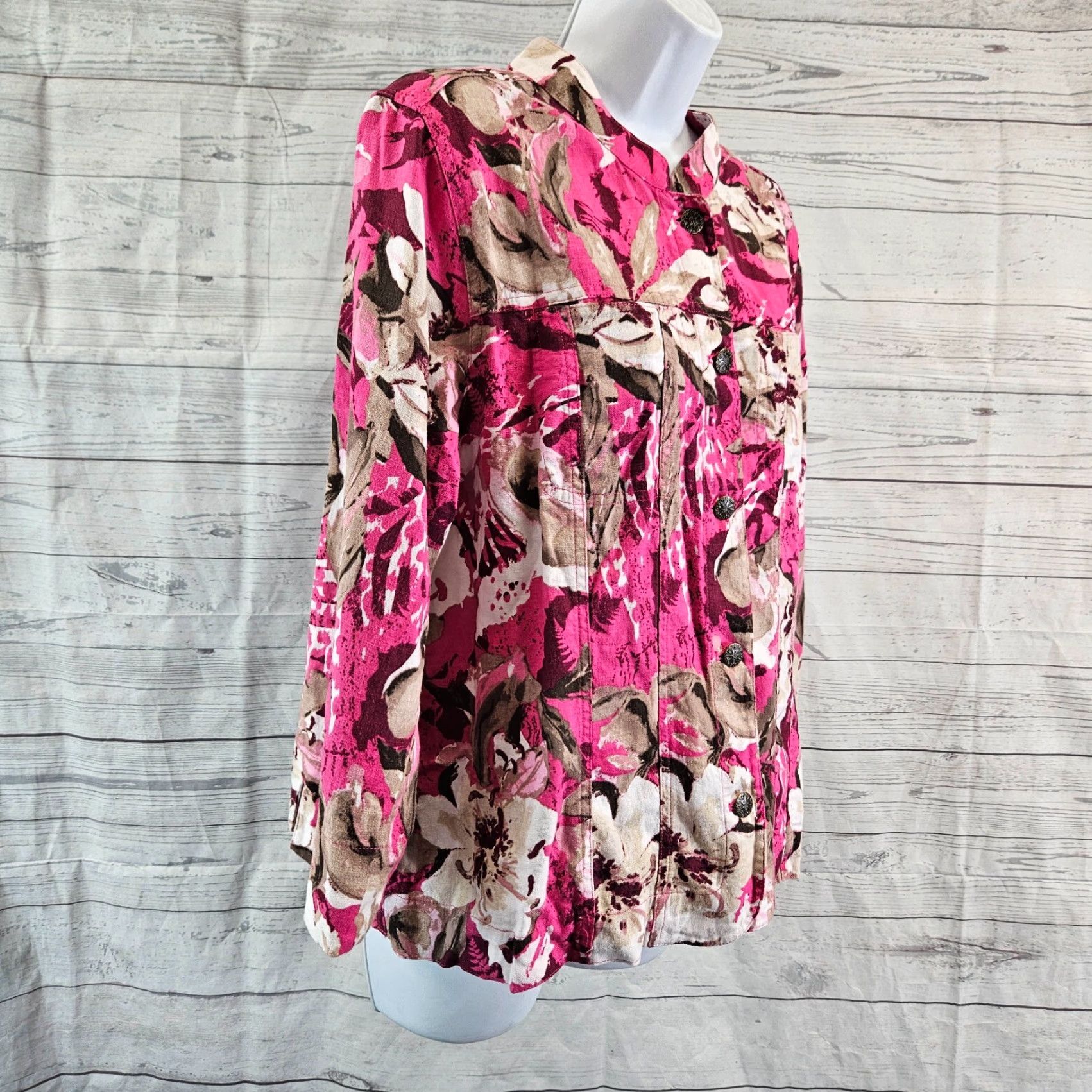Vintage Christopher Banks Womens Jacket Sz Large Pink Tan Floral Linen Blend 3/4 Sleeve Size L / US 10 / IT 46 - 3 Thumbnail