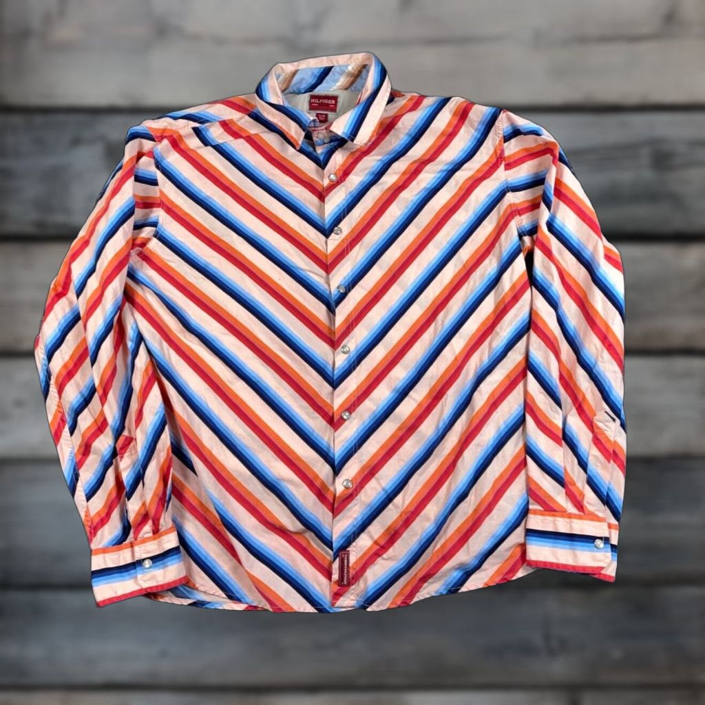 Tommy Hilfiger Tommy Hilfiger Shirt Adult XL Orange Blue Red Colorful Striped Western Pearl Snap Cowboy Cotton Mens Size US XL / EU 56 / 4 - 1 Thumbnail
