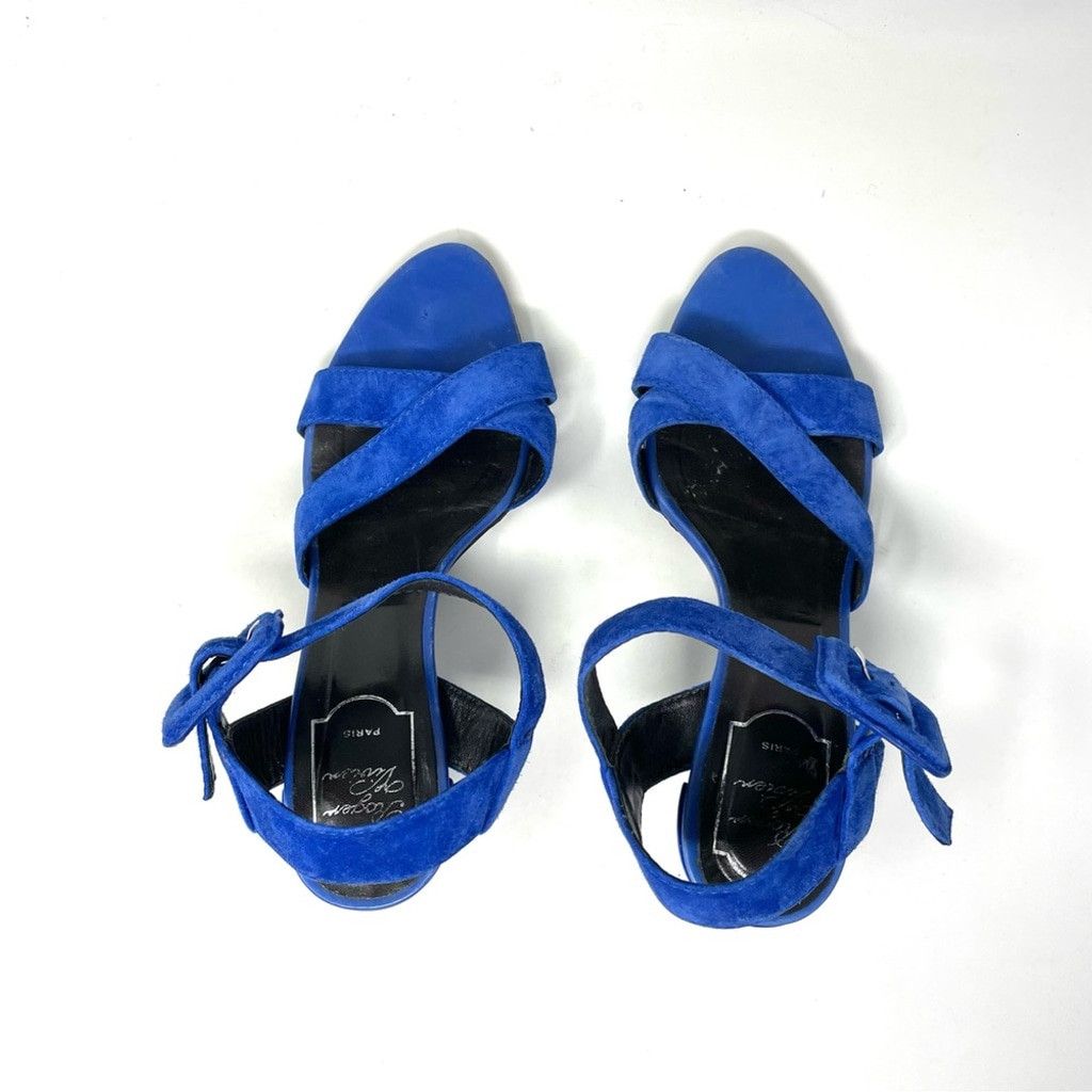 Roger Vivier Roger Vivier Blue Suede Criss Cross Kitten Heel Sandals 37.5 Size US 7.5 / IT 37.5 - 6 Thumbnail