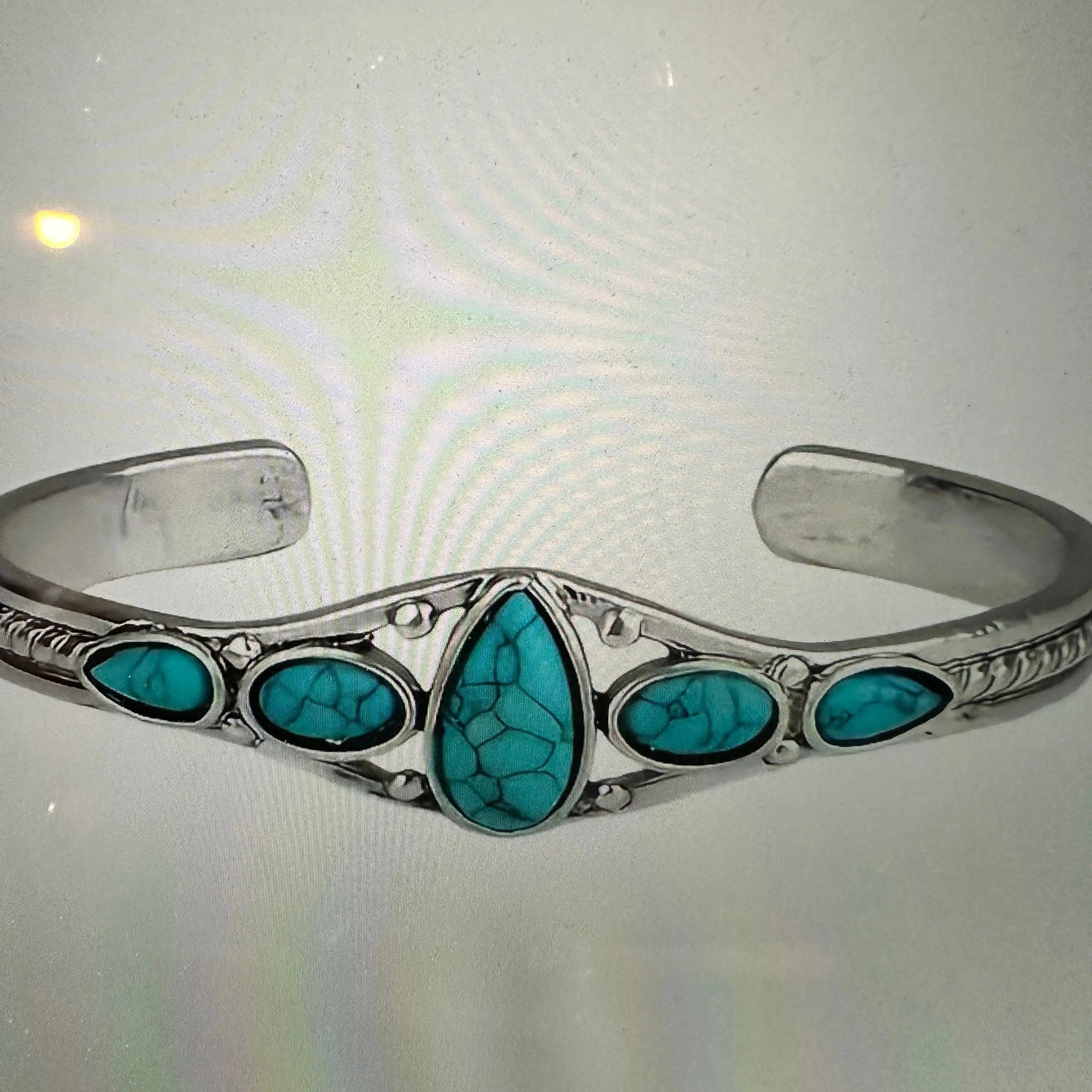 Other Handcrafted Boho Native American Cuff Open Bangle, Turquoise Size ONE SIZE - 5 Thumbnail