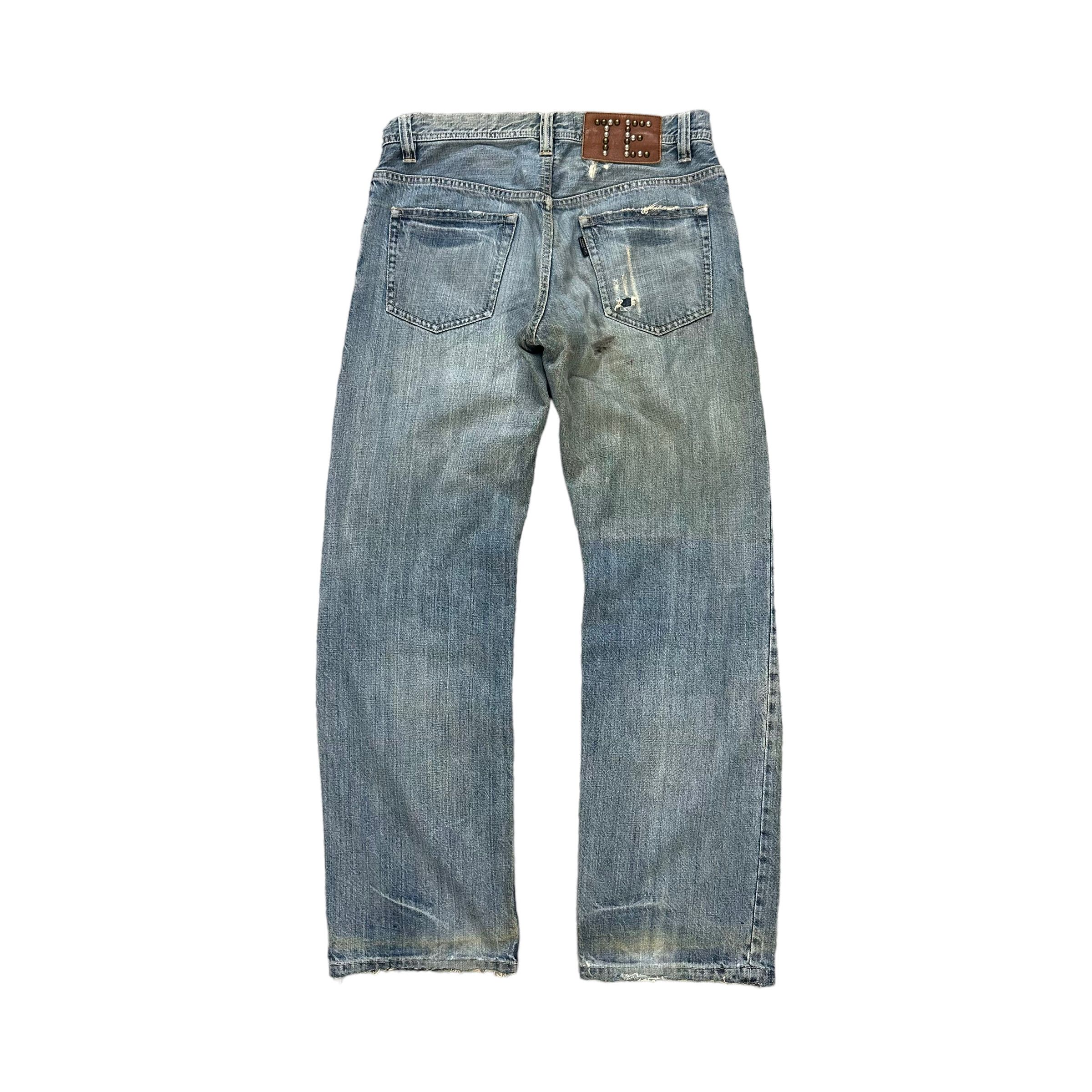 Issey Miyake TRASHED🔥 TETE HOMME LIGHT WASH STUDDED DENIM PANT #7798-176 Size US 31 - 10 Thumbnail