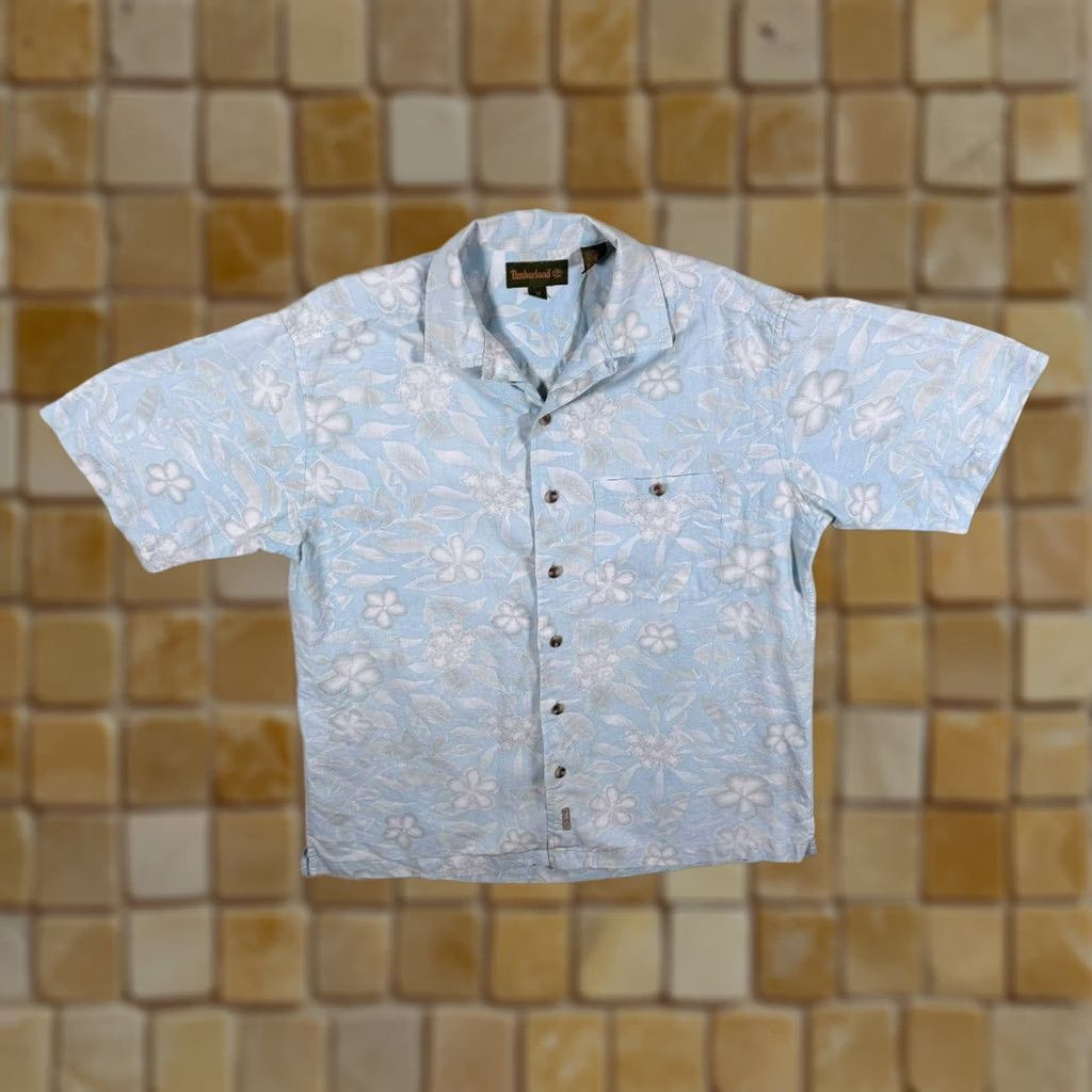 Timberland VINTAGE Timberland Hawaiian Floral Blue Shirt Classic Button-Up Mens Medium Linen Cotton Short Sleeve Collared Open Collar Size US M / EU 48-50 / 2 - 1 Thumbnail