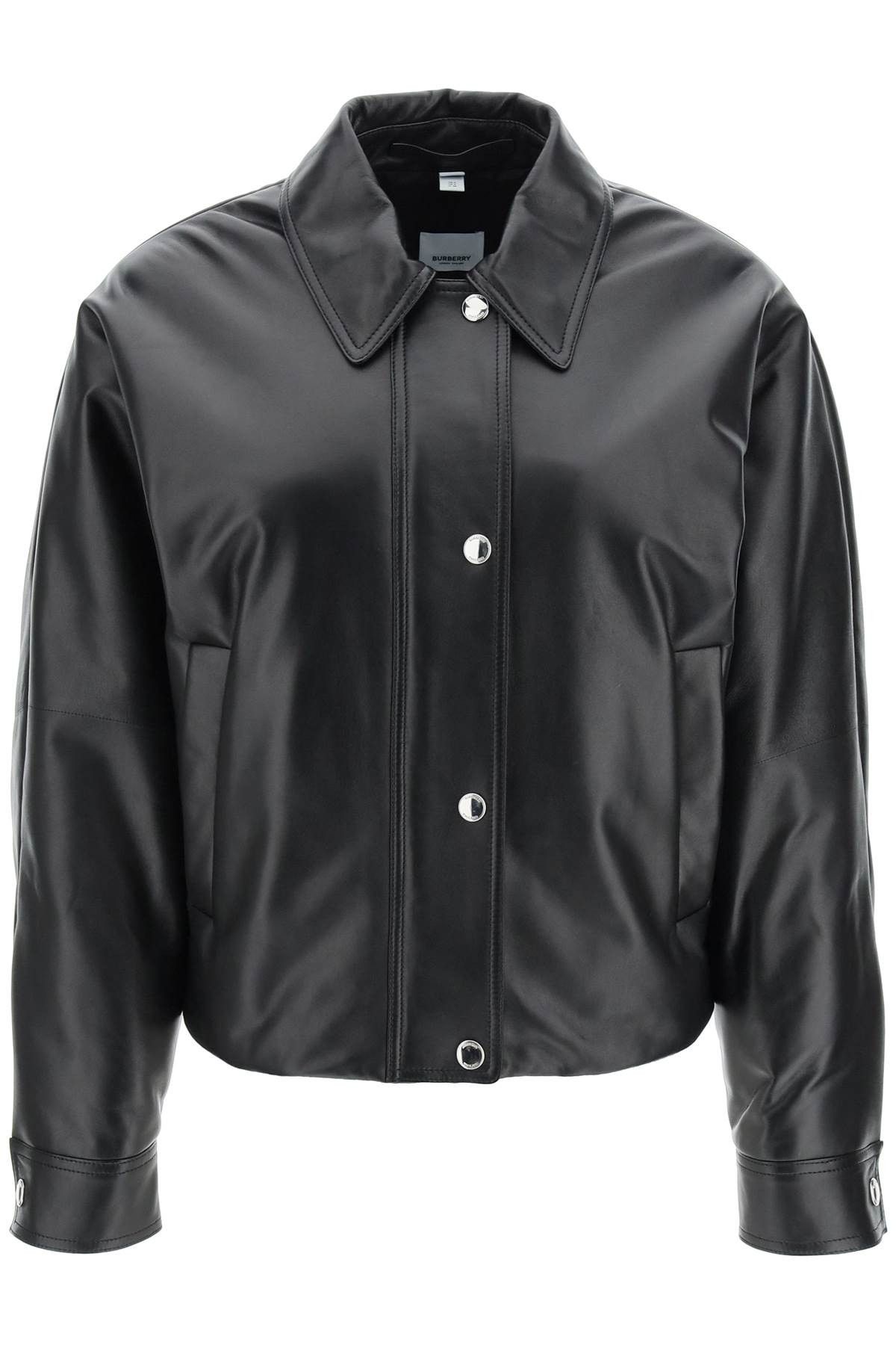 image of Burberry Embroidered Ekd Leather Jacket in Black, Women's (Size XS)