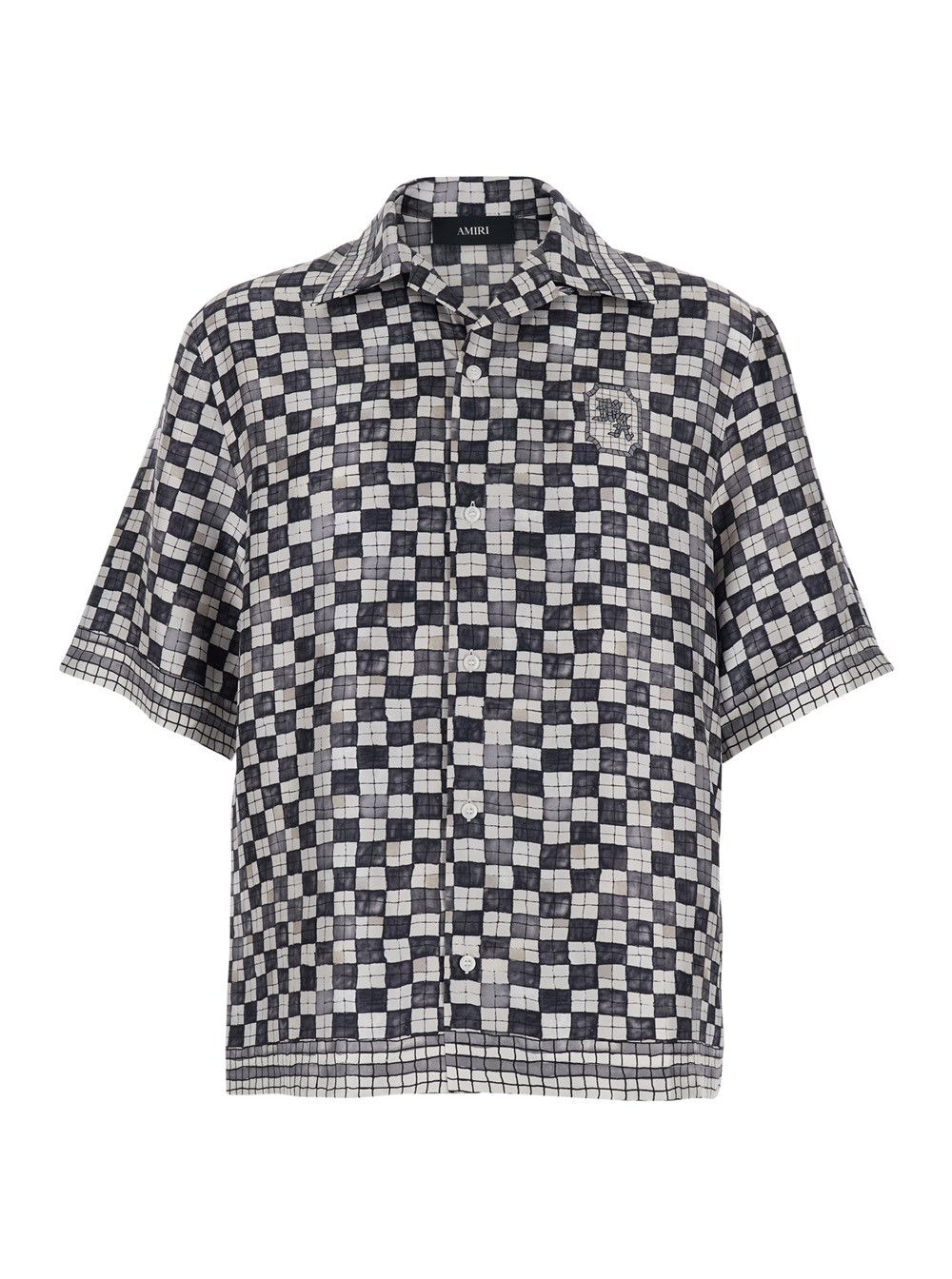 Amiri Silk Shirt with All-Over Check Motif and Logo Lettering on the Back Black Men Size US M / EU 48-50 / 2 - 1 Thumbnail