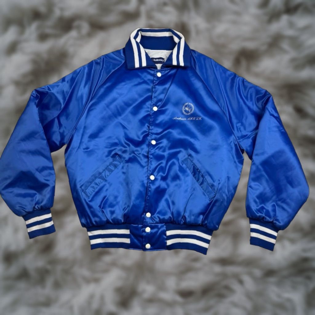 Holloway VINTAGE Air Force Base Holloway Satin Bomber Jacket Blue Large Navy Embroidered Logo, Staff, Quilted Lining, Air Force One, Nylon, Solid, Men Size US L / EU 52-54 / 3 - 1 Thumbnail