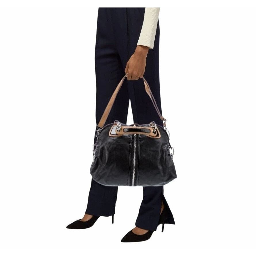 ⭐Cynthia Rowley Shoulder Bag Bicolor Black Tan Leather Zippe