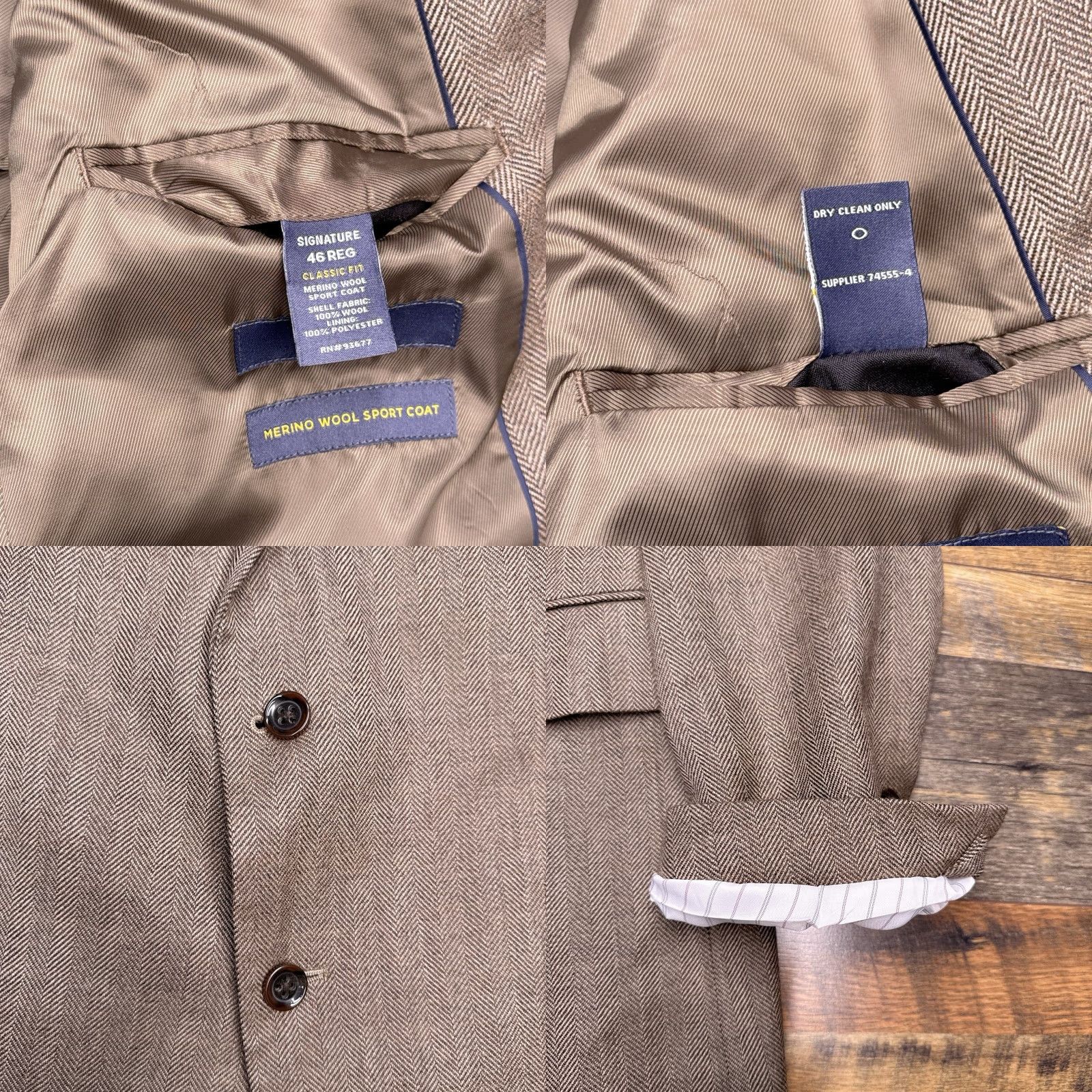 Stafford Stafford Sport Coat Blazer 46 Regular Tan Herringbone Classic Fit Wool Tweed Notch Lapel Mens Size 46R - 8 Thumbnail