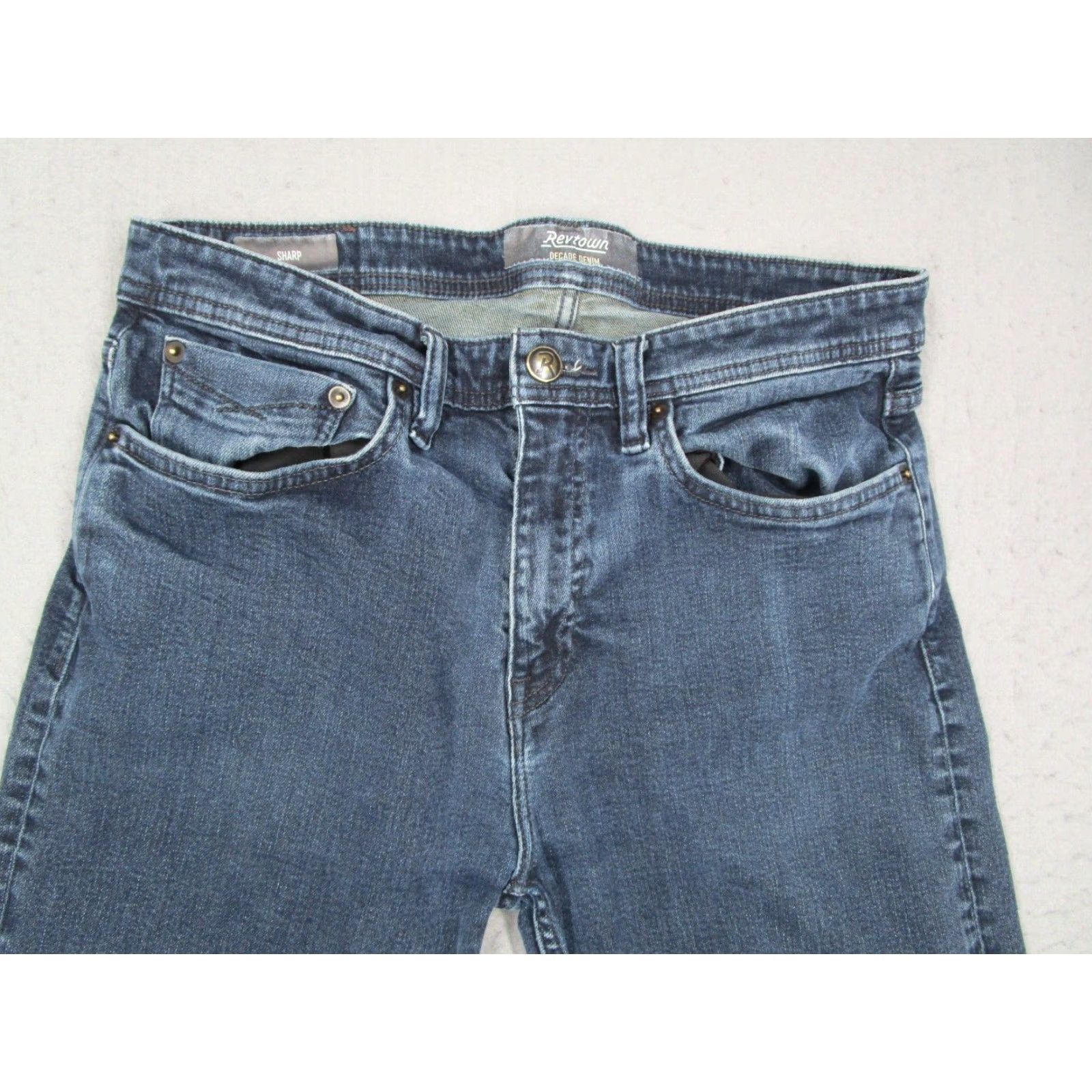 Denime Revtown Jeans Mens 32 Blue Sharp Straight Mid Rise Zip Fly 32x32 Denim Dark Classic City Modern 90s Mens Jeans Size US 32 / EU 48 - 2 Thumbnail