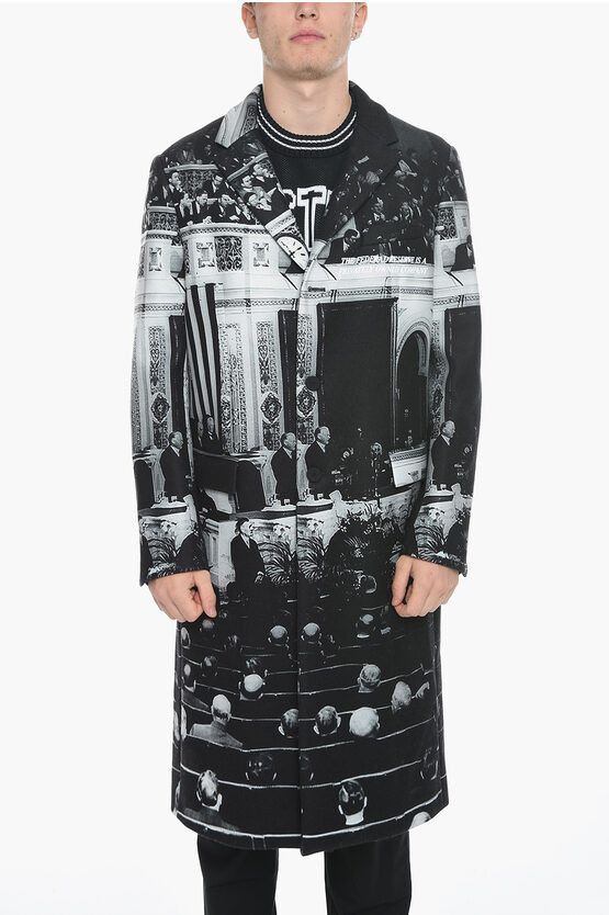 image of Msftsrep Printed Flap Pockets Maxi Coat in Nero/Grigio, Men's (Size Small)