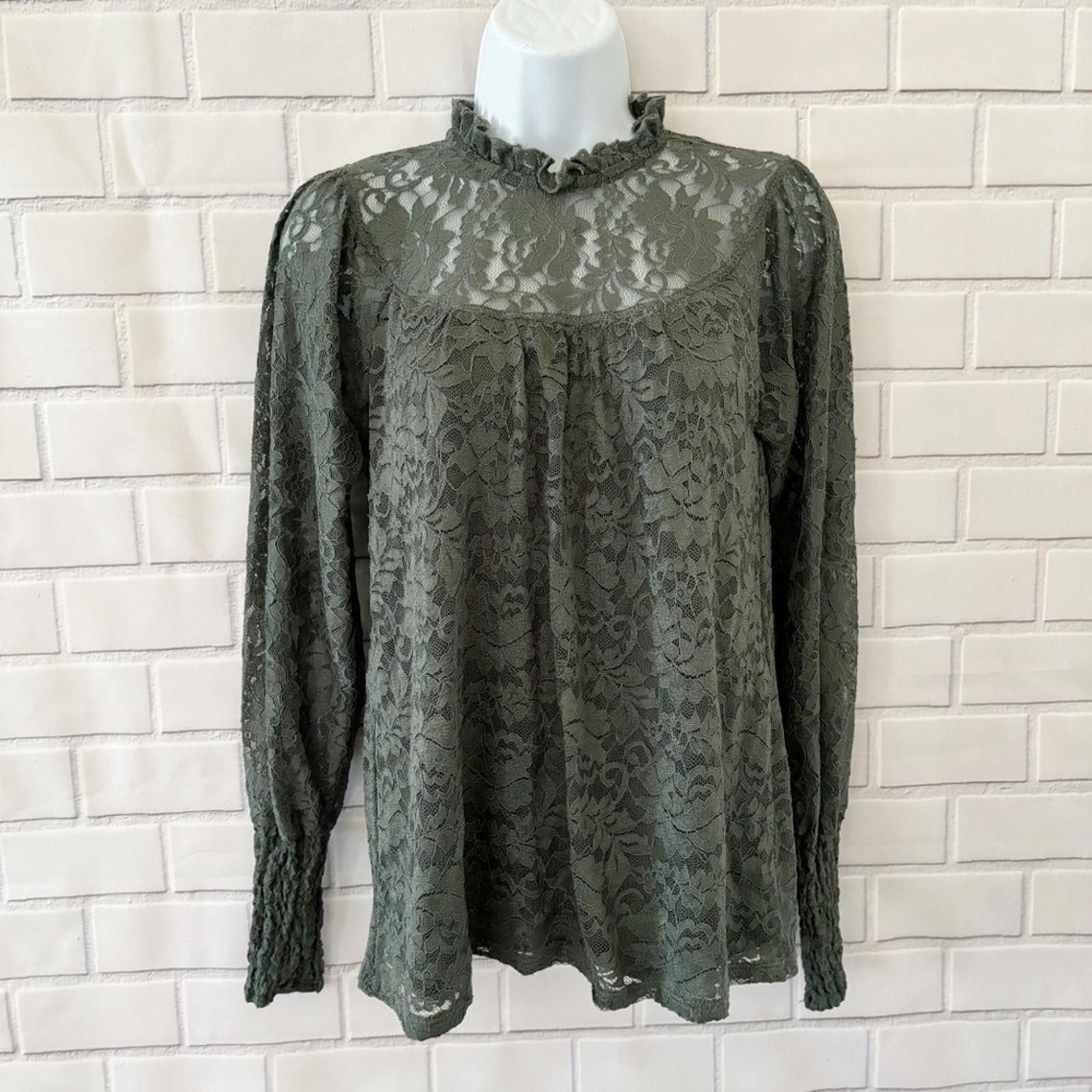 Other Elegant Olive Green Lace Long Sleeve Blouse with Ruffle Neck Size S / US 4 / IT 40 - 1 Thumbnail