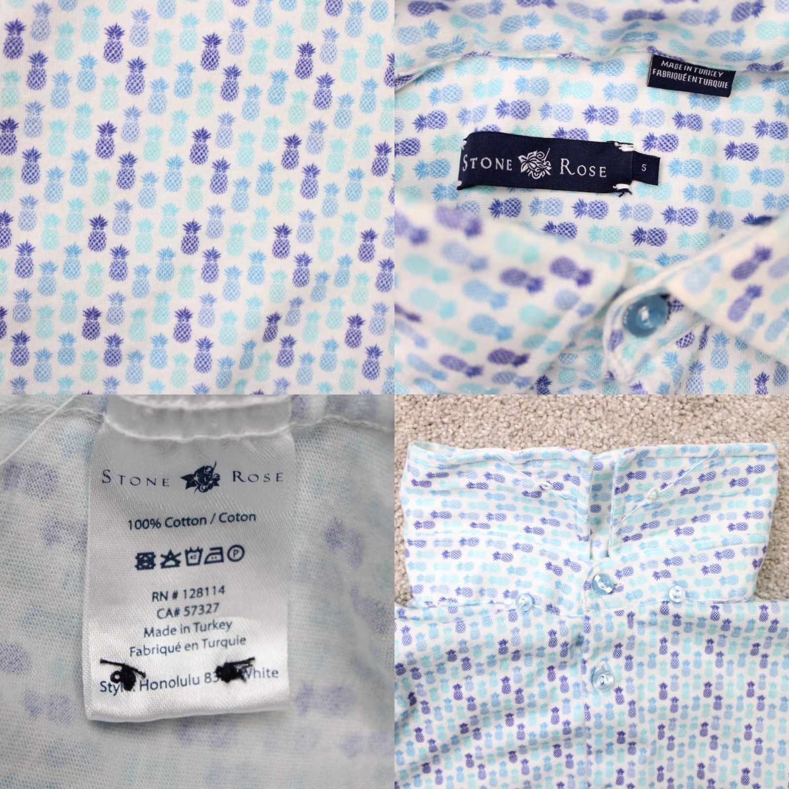 Vintage Stone Rose AOP Shirt Men Small Blue Pineapple All Over Print Cotton Short Sleeve Button-Up Shirt Size US S / EU 44-46 / 1 - 8 Thumbnail
