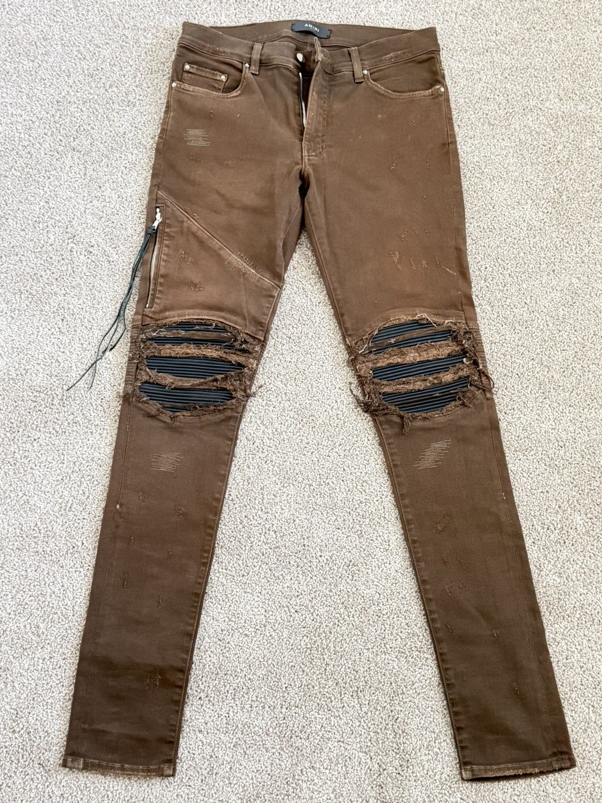 Amiri Amiri Brown Distressed Leather Biker Denim ⛓️®️🚨 Size US 31 - 1 Thumbnail