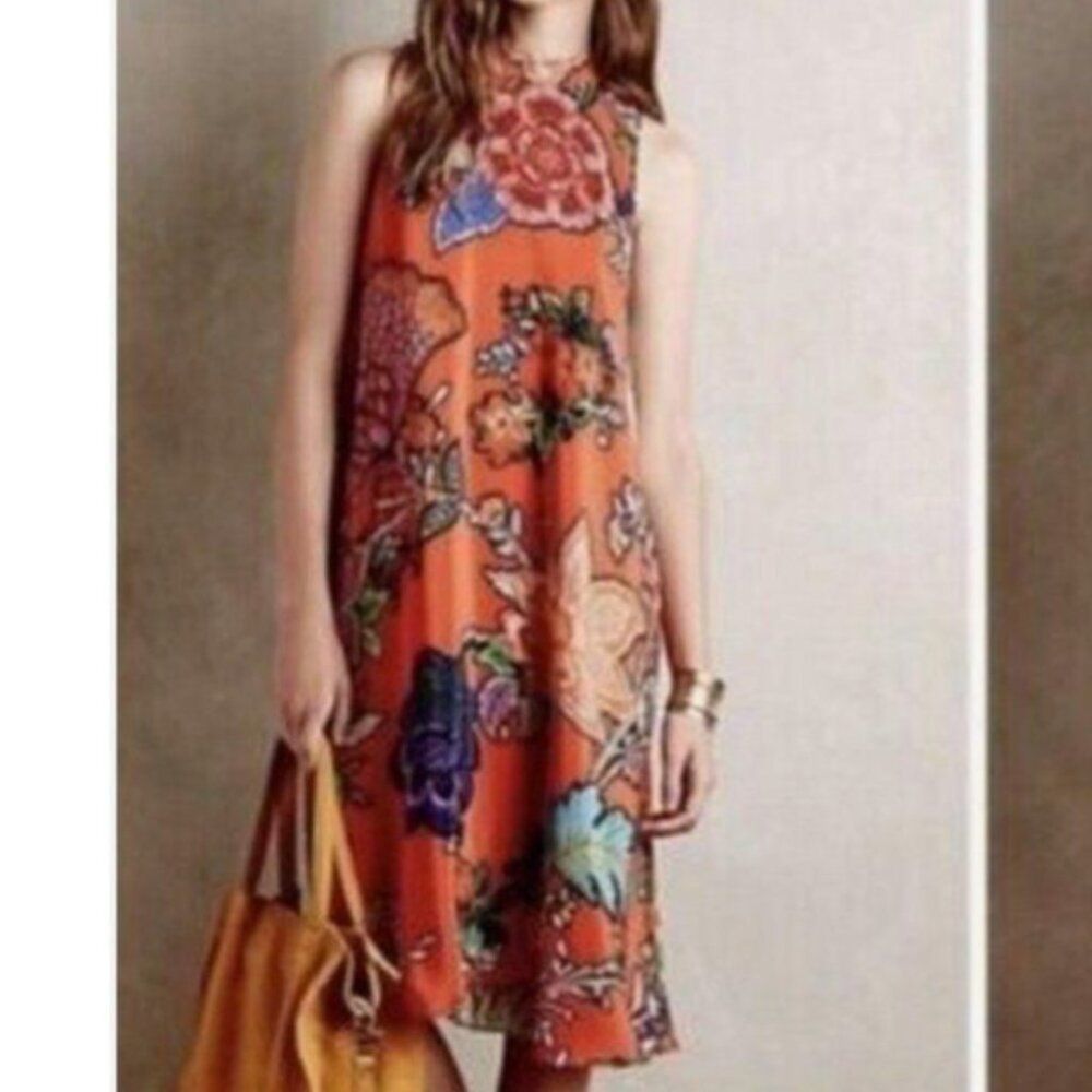 Anthropologie Maeve Size M Orange Chiffon Floral A-Line Dress Vintage Styl Size M / US 6-8 / IT 42-44 - 7 Thumbnail