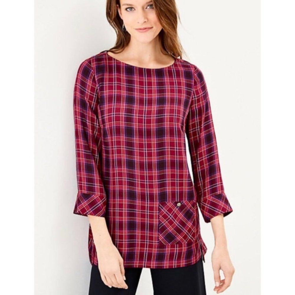 J. Jill J. Jill Red Plaid Tartan Boat Neck Blouse Size M Petite Size M / US 6-8 / IT 42-44 - 1 Thumbnail