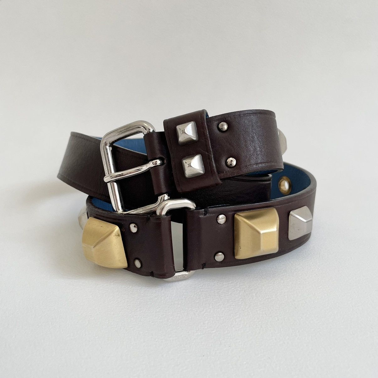 Pre-owned Prada Pyramid Stud Leather Bondage Belt In Brown