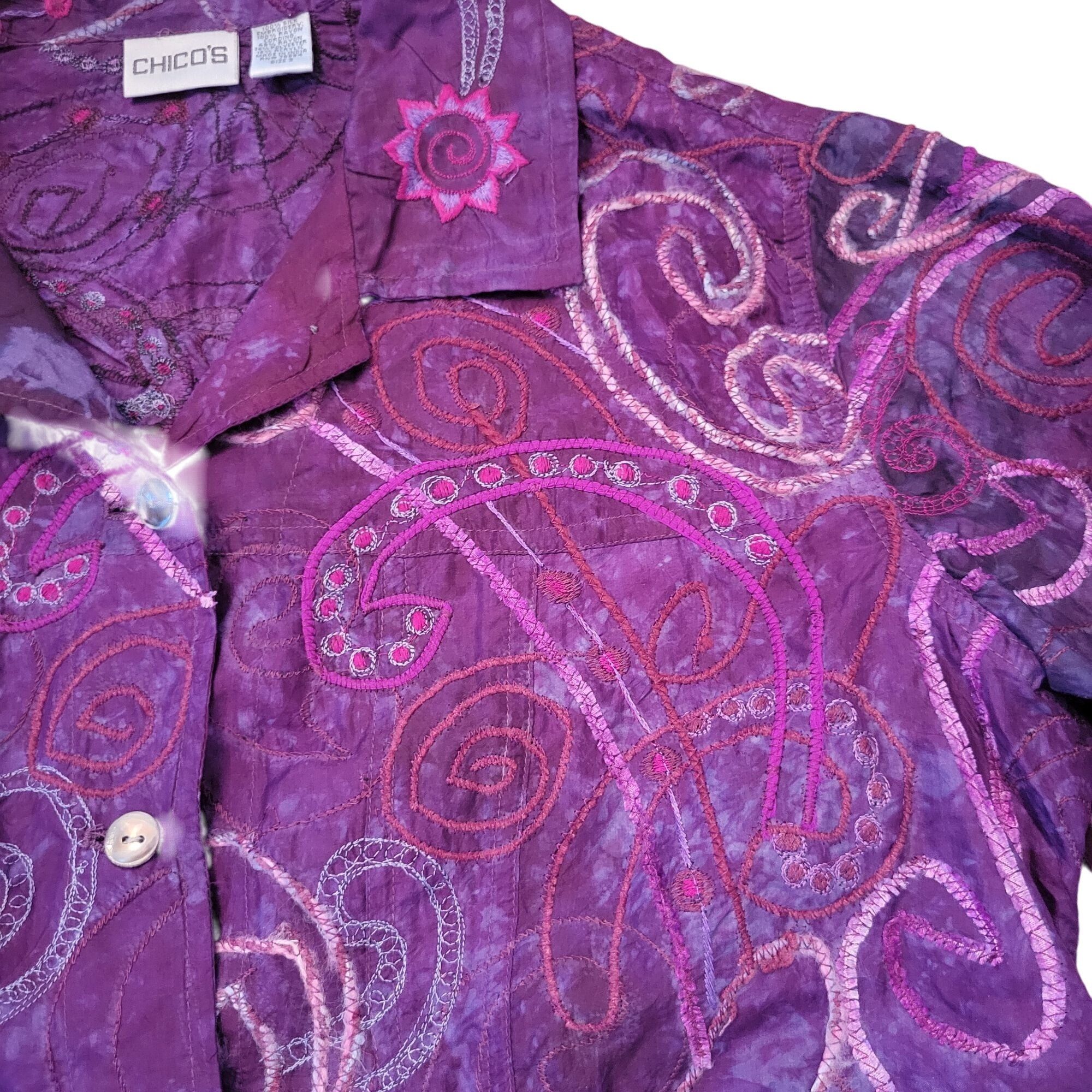 Chicos Chicos 3 Purple Embroidered Button Down Silk Shirt Blouse XL Size XL / US 12-14 / IT 48-50 - 4 Thumbnail