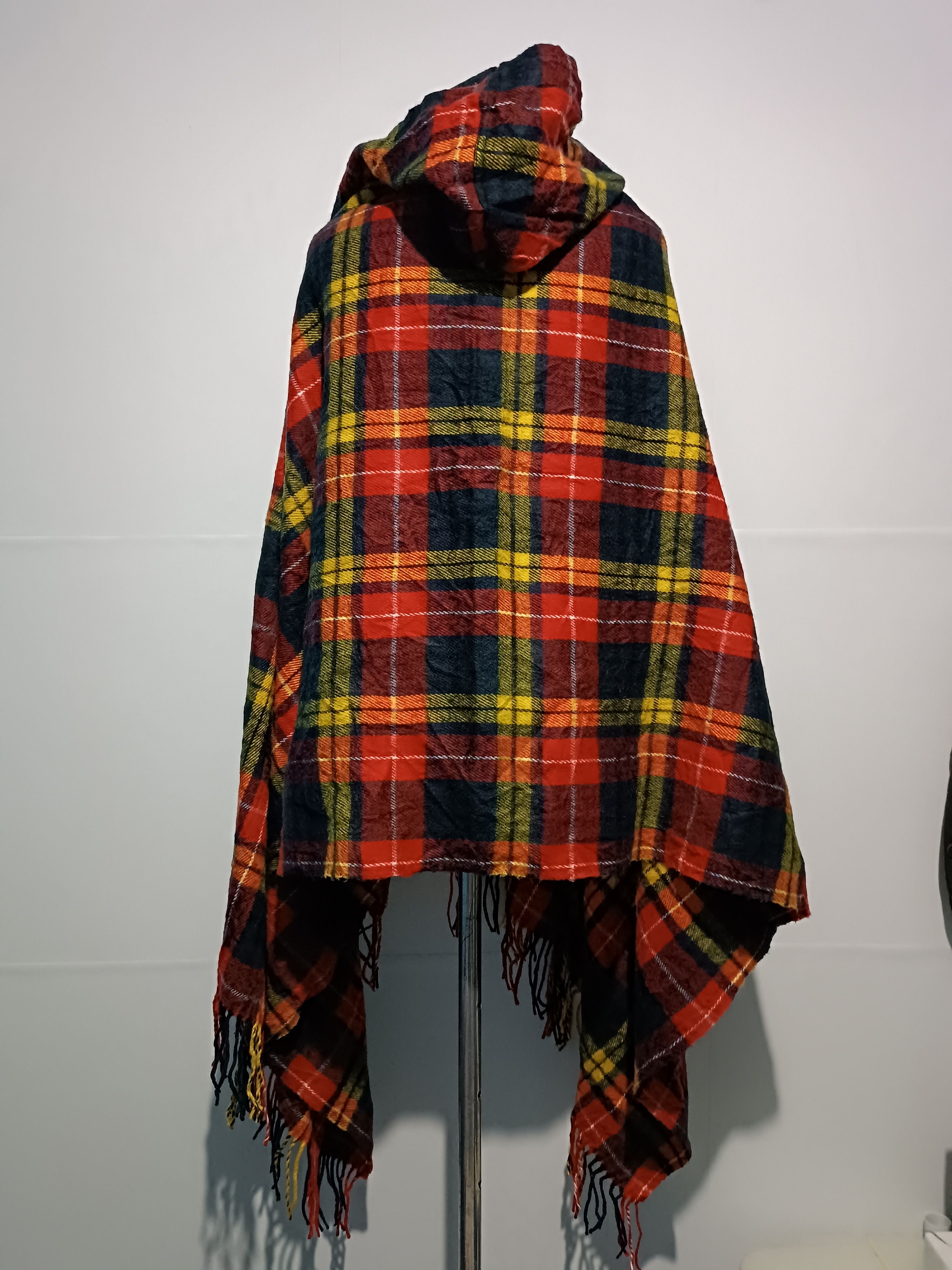 Japanese Brand Wool Blanket Poncho Cape With Hood Rainbow Plaid Size ONE SIZE - 4 Thumbnail