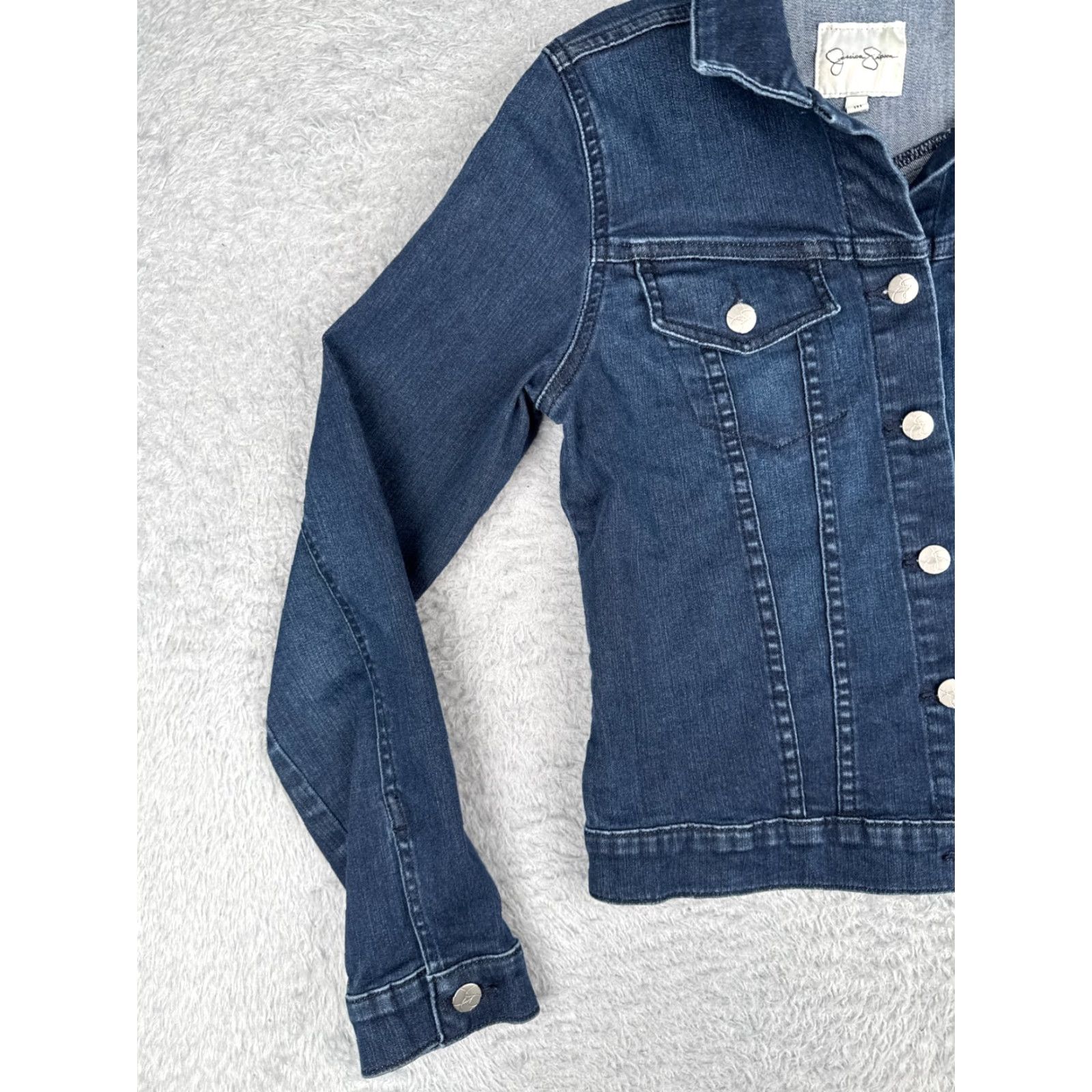 Jessica Simpson VINTAGE Jessica Simpson Jacket Womens Medium Blue Denim Jean Button Up Crop Cotton Blend Size 32" / US 10 / IT 46 - 3 Thumbnail