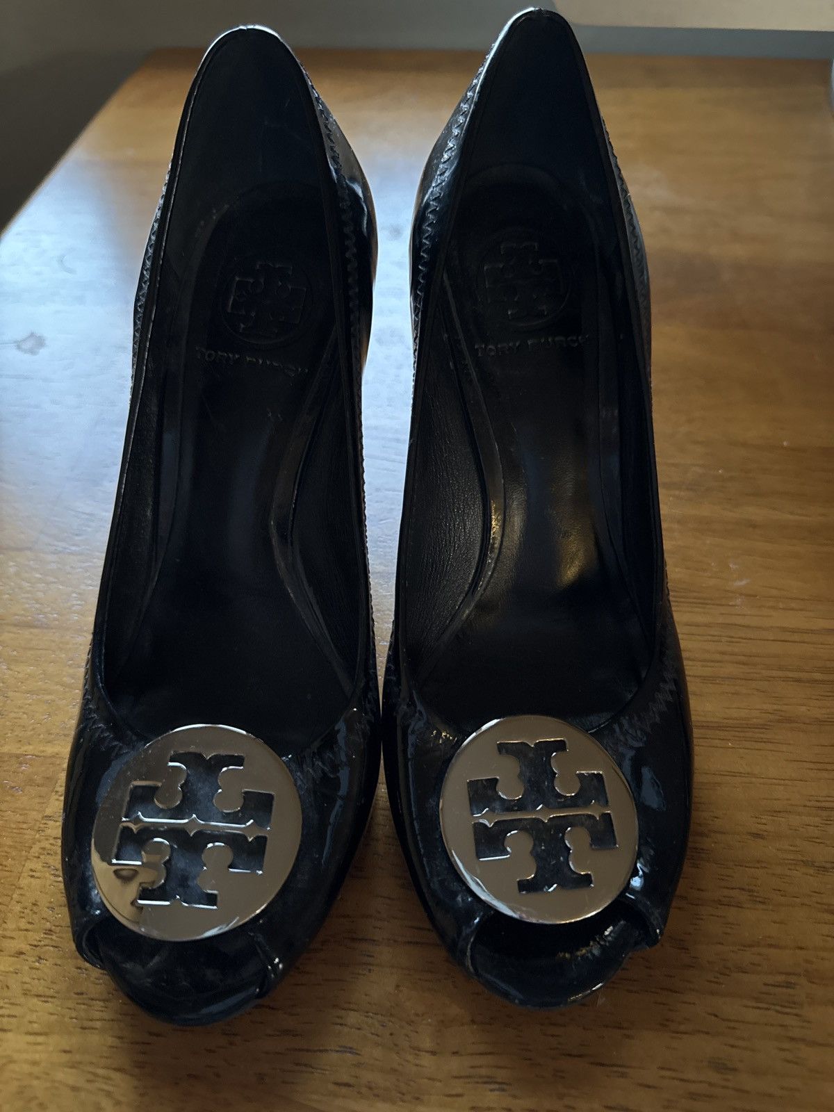 Tory Burch Tory Burch Black Patent peep toe wedge with silver buckle Size US 7 / IT 37 - 1 Thumbnail