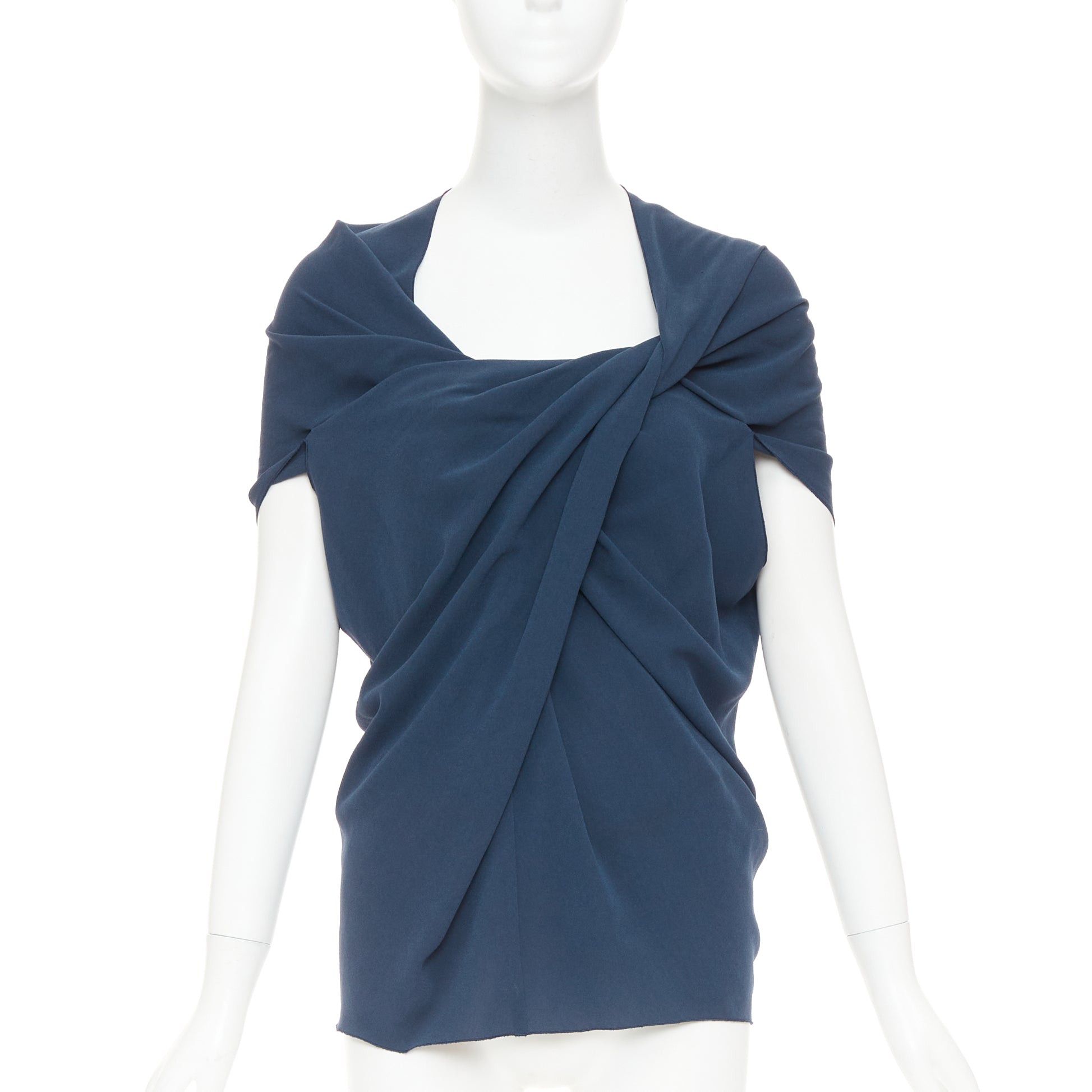 Lanvin LANVIN 2009 navy triacetate blend twist front square neck ruched sleeves top FR34 XS Size XS / US 0-2 / IT 36-38 - 1 Thumbnail