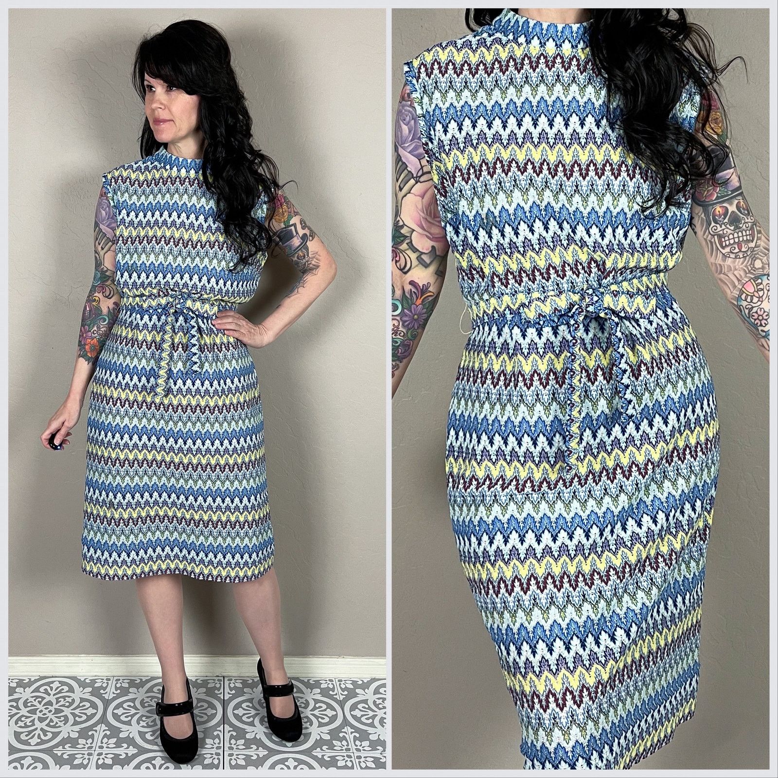 Vintage 1960s Blue and Green Zig Zag Knit Sleeveless Sheath Dress Size M / US 6-8 / IT 42-44 - 1 Thumbnail