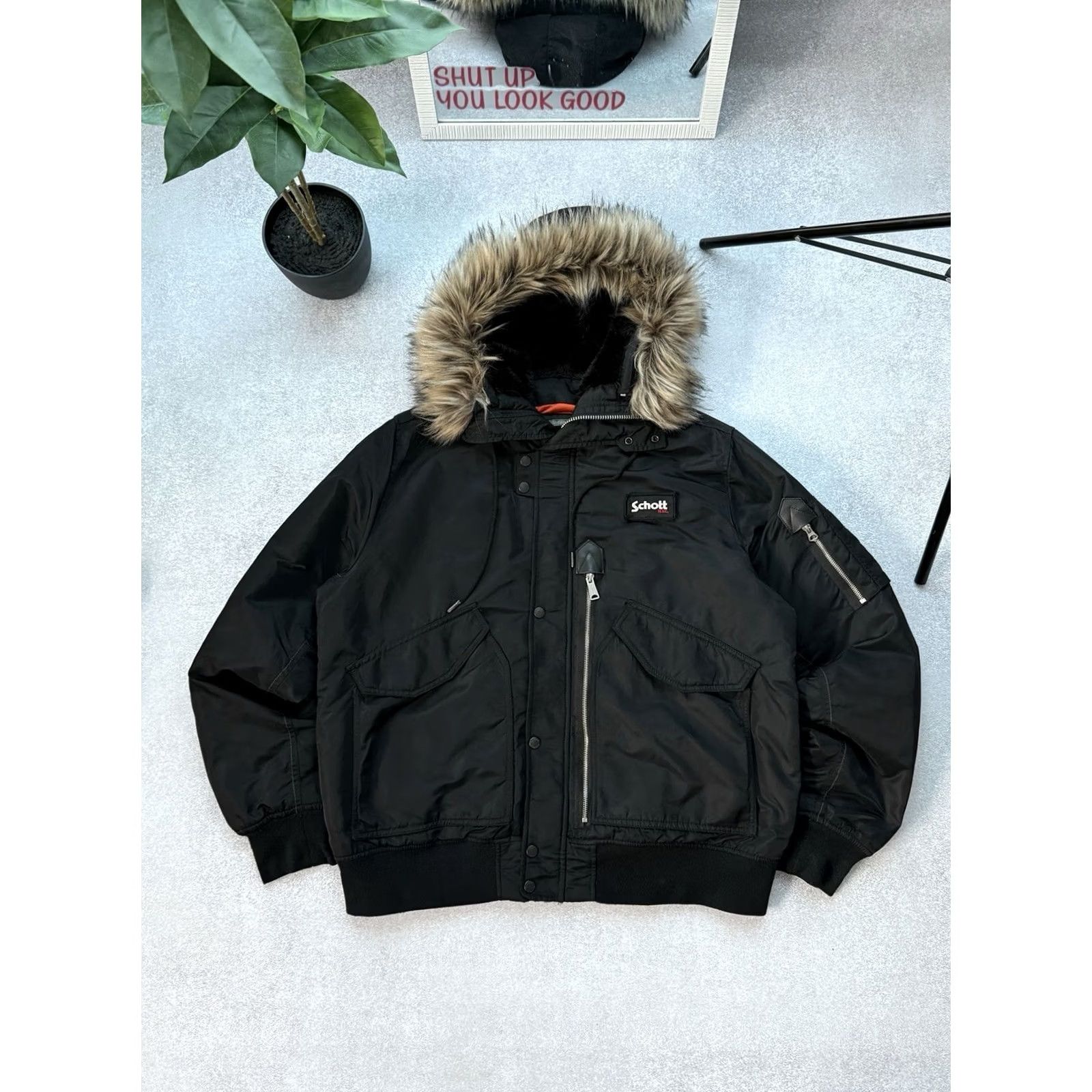 Schott VINTAGE Schott NYC Bomber Jacket Faux Fur Y2K Army Black 3XL Men’s Jacket Size US XXL / EU 58 / 5 - 2 Thumbnail