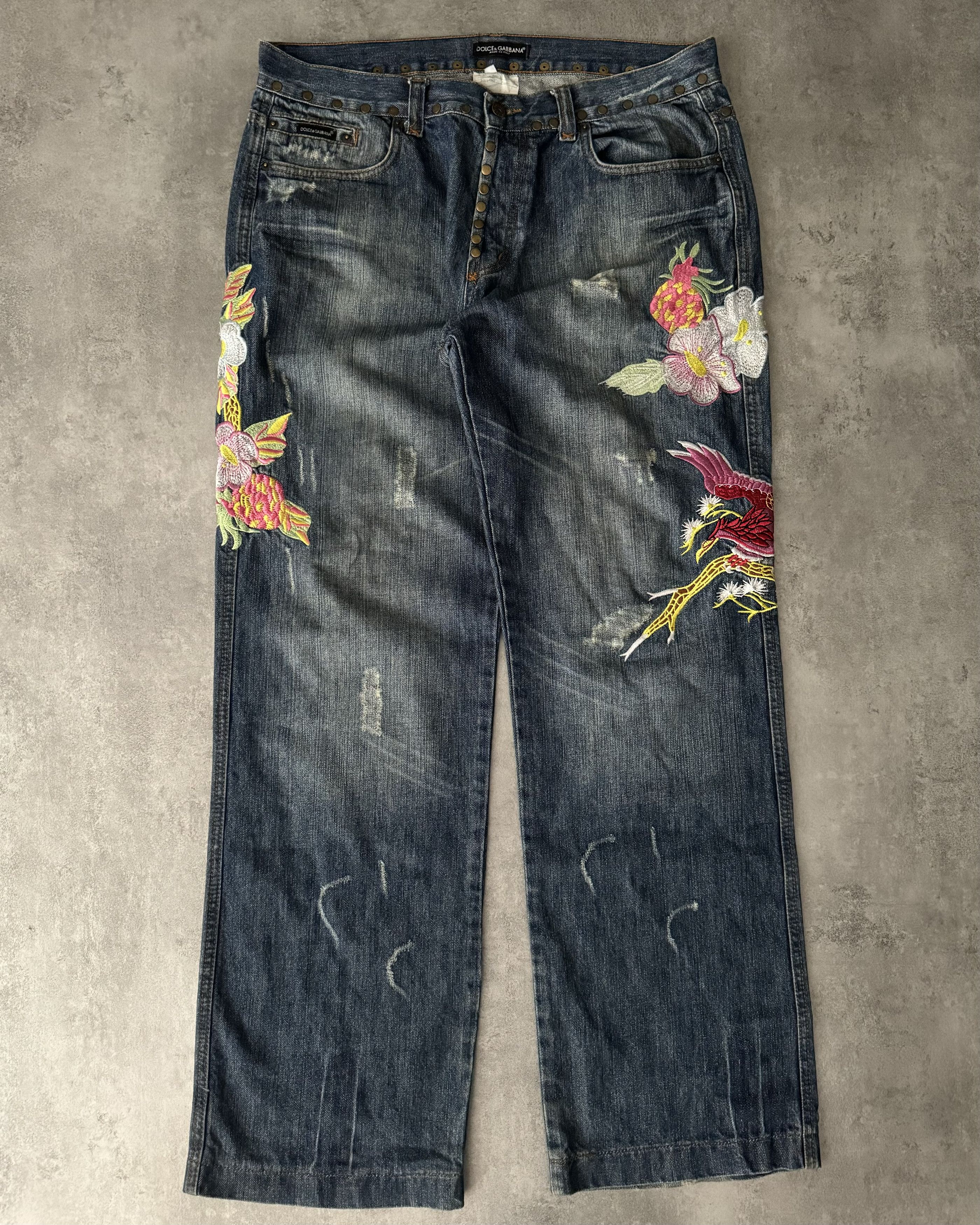 image of Archival Clothing x Dolce Gabbana Ss2006 Dolce & Gabbana Hawaii Embroideries Denim Jeans in Blue (S