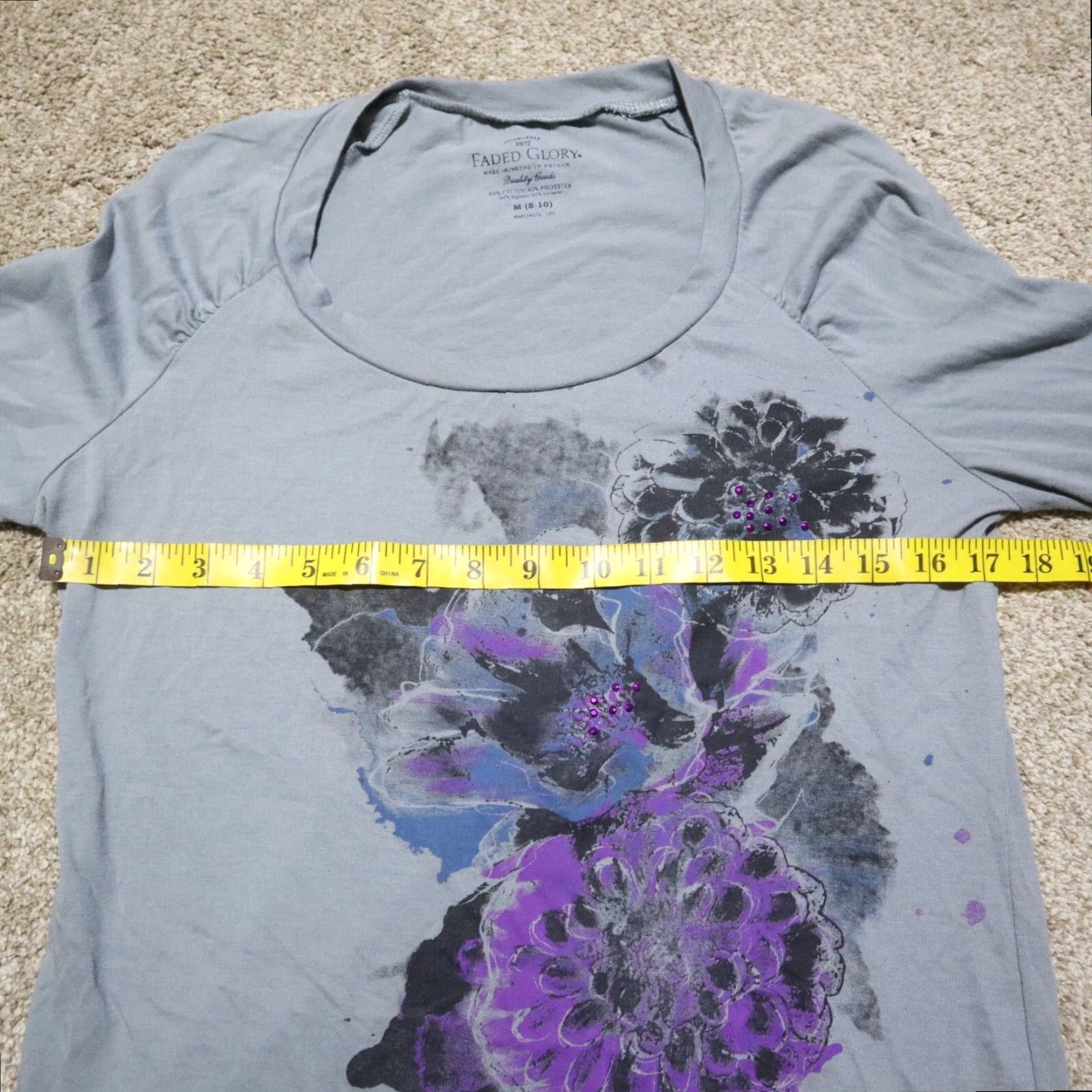 Faded Glory Faded Glory Floral Top Women's M Medium Gray T-Shirt Size M / US 6-8 / IT 42-44 - 4 Thumbnail