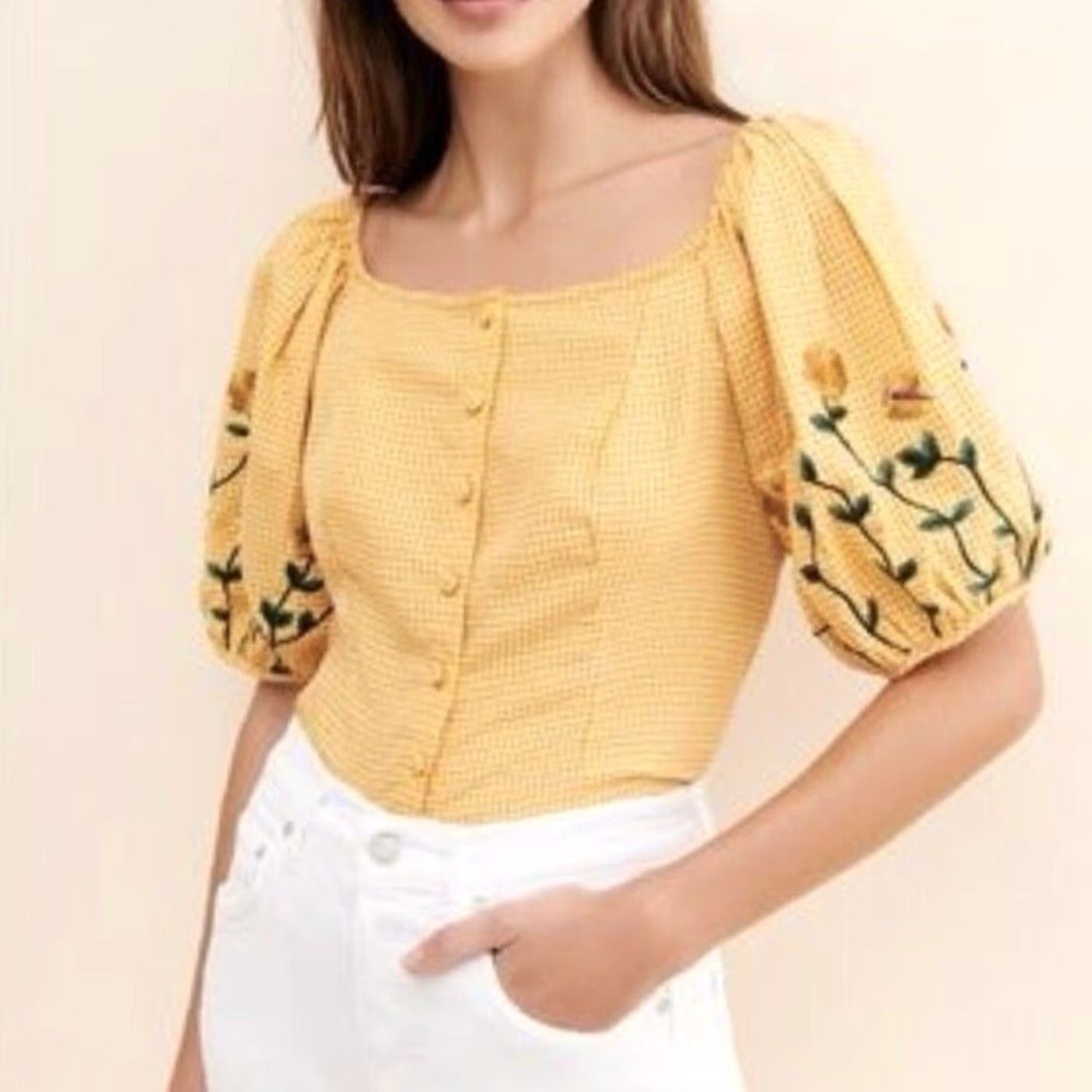 Anthropologie Anthropologie Samant Chauhan Amabella Floral Embroidered Blouse Top M Yellow Puff Sleeve Women Shirt Size M / US 6-8 / IT 42-44 - 6 Thumbnail