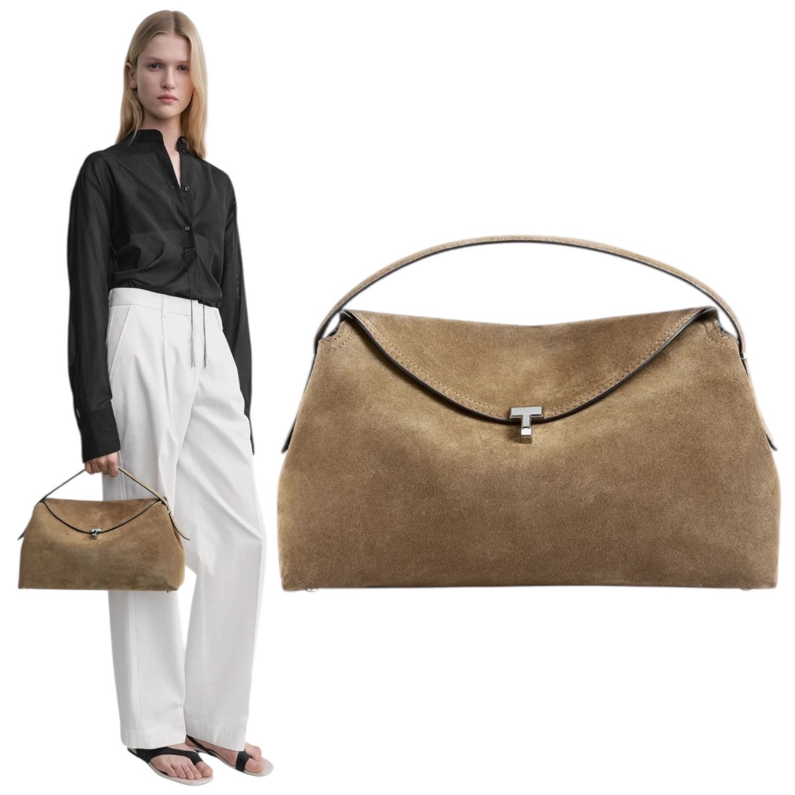 Toteme T Lock Suede Top Handle Satchel Bag Brown Silver, Women's