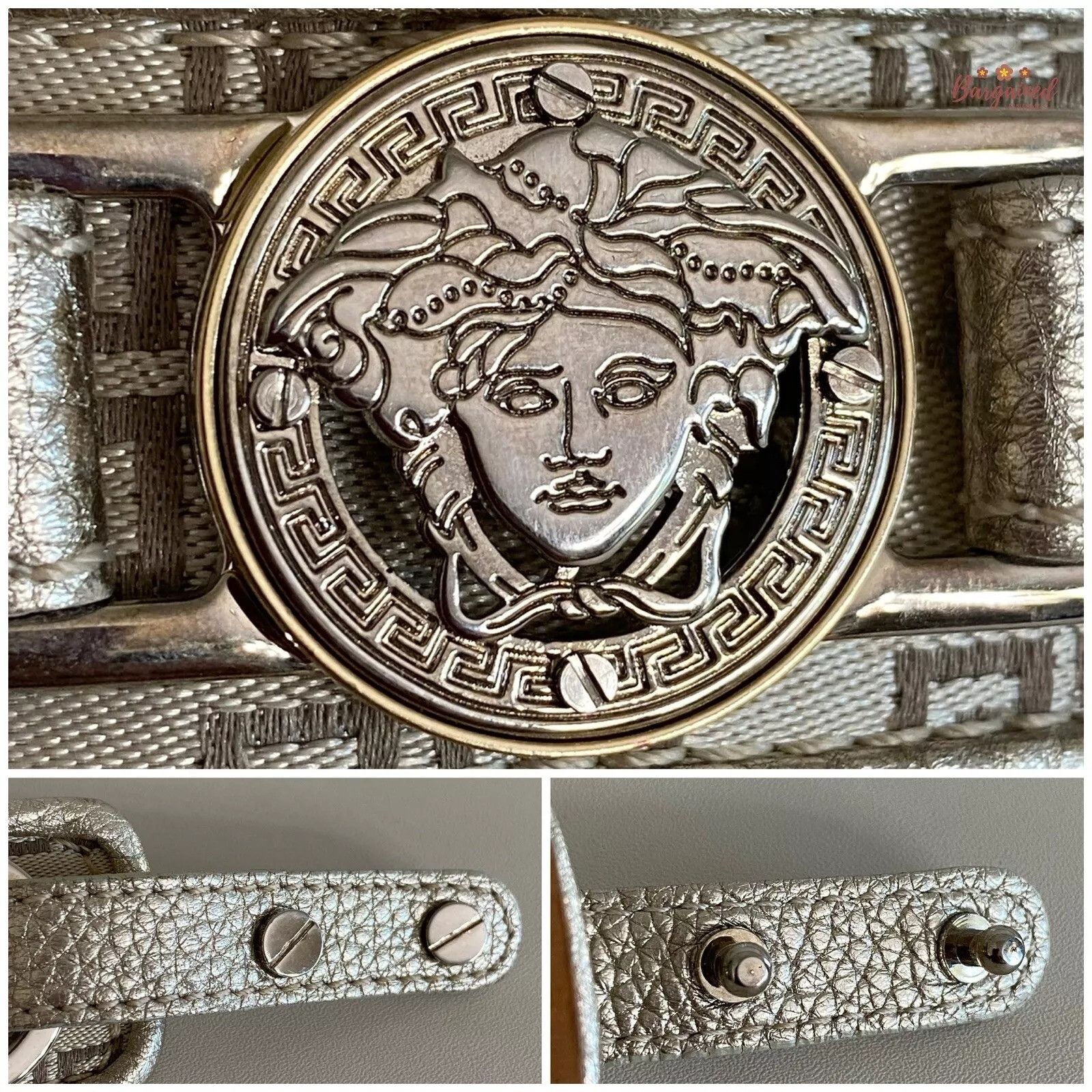 Versace Versace Metallic Leather Neutrals Nylon Medusa Insignia Belt Size 30 - 3 Thumbnail