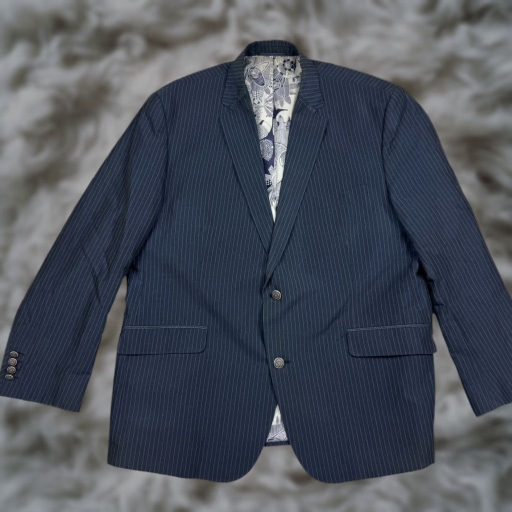 Robert Graham Robert Graham Blazer Jacket Mens Linen Blend Railroad Stripe Blue Size 50R Size 50R - 1 Thumbnail
