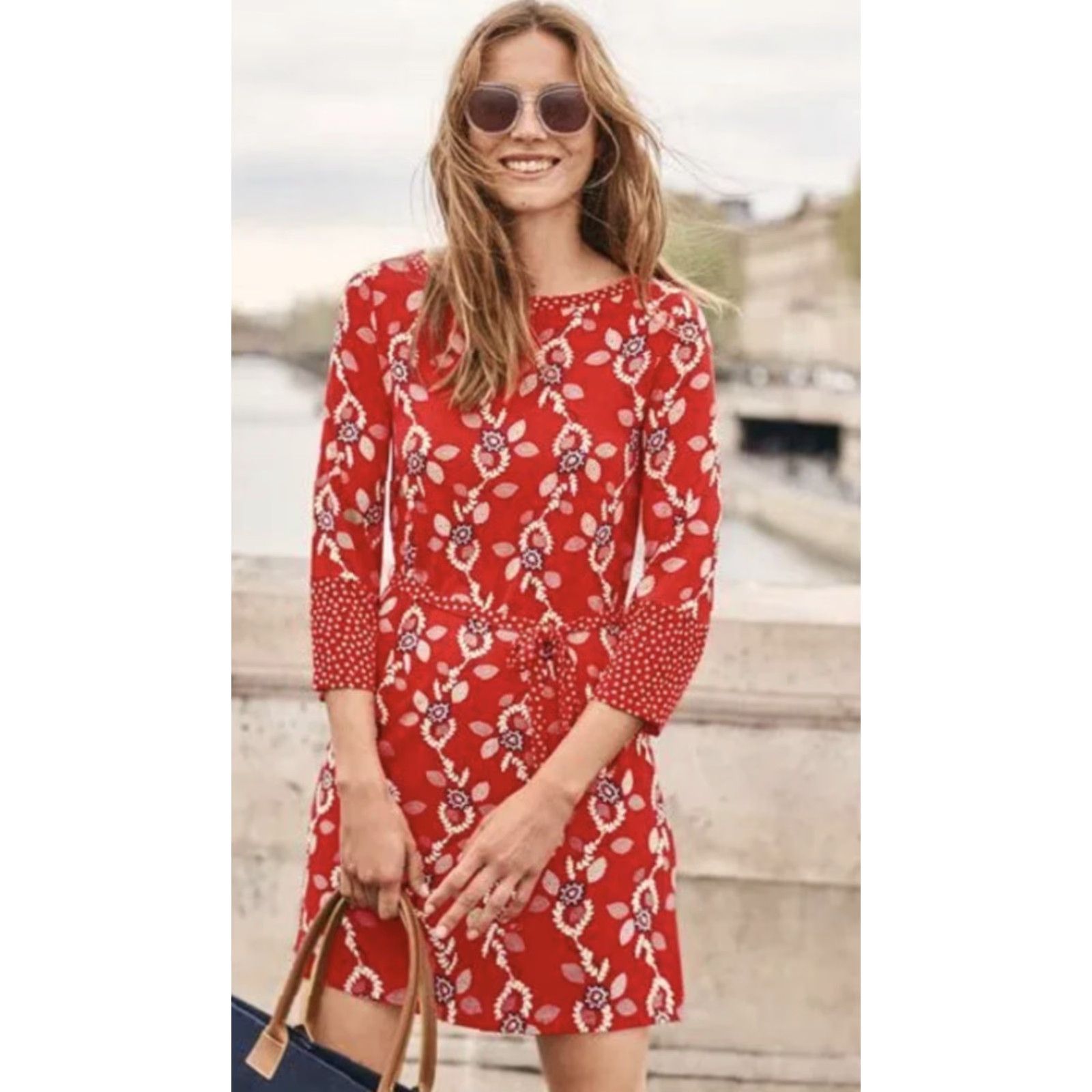 Boden Boden Shirt Dress Womens Jersey 6 Red Floral 3/4 Sleeve Short Dress Length Vintage? (But vintage rule only if item vintage; not applicable) Size M / US 6-8 / IT 42-44 - 2 Thumbnail