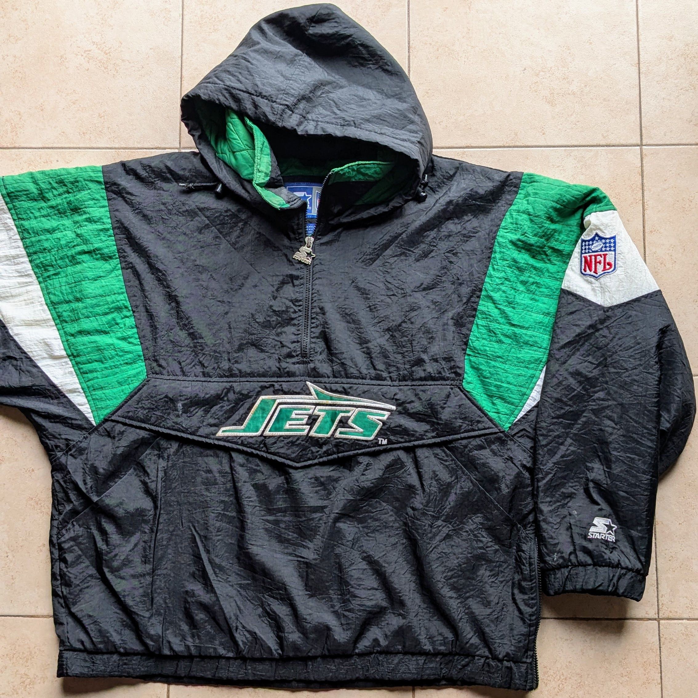NY Jets 90s STARTER puffer 1/2 pullover L blk kelly NFL vtg