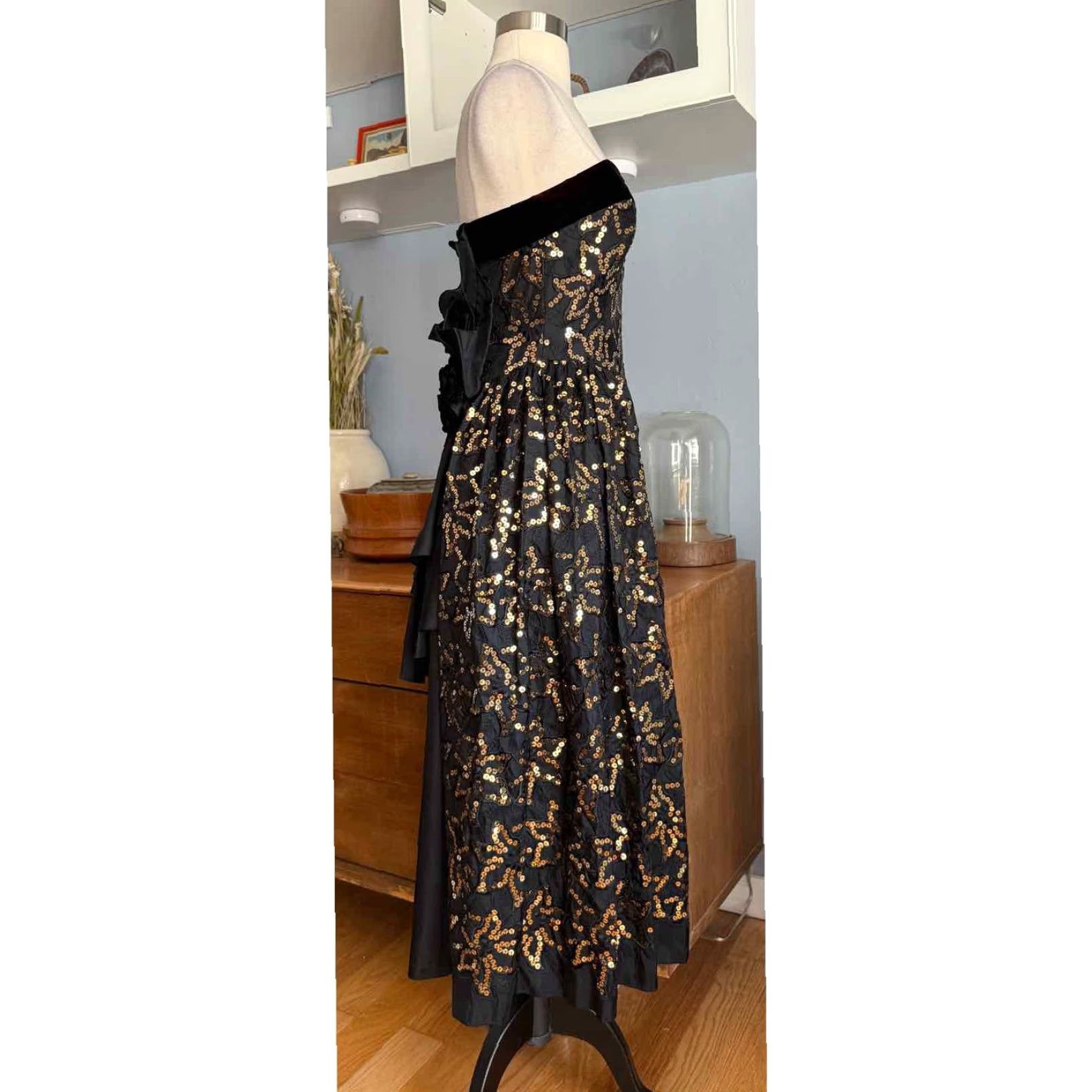 Jessica McClintock VINTAGE Jessica McClintock Black w/ Gold Sequins Strapless Long Dress Sz S Ball Gown 1980s Formal Womens Size XS / US 0-2 / IT 36-38 - 2 Thumbnail