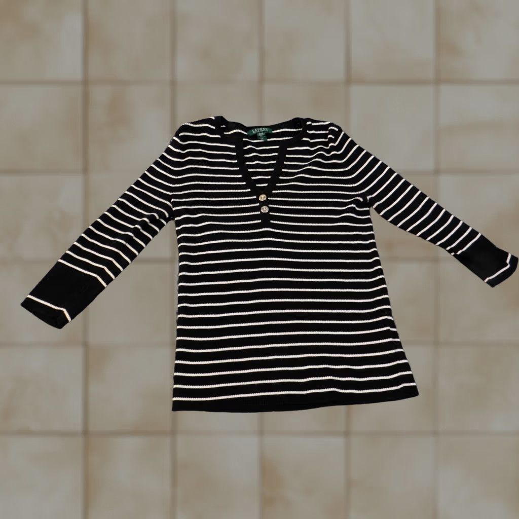 Ralph Lauren Lauren Ralph Lauren Sweater Women Medium V-Neck Striped Knit Black Button Logo Pullover Ballet Size M / US 6-8 / IT 42-44 - 1 Thumbnail