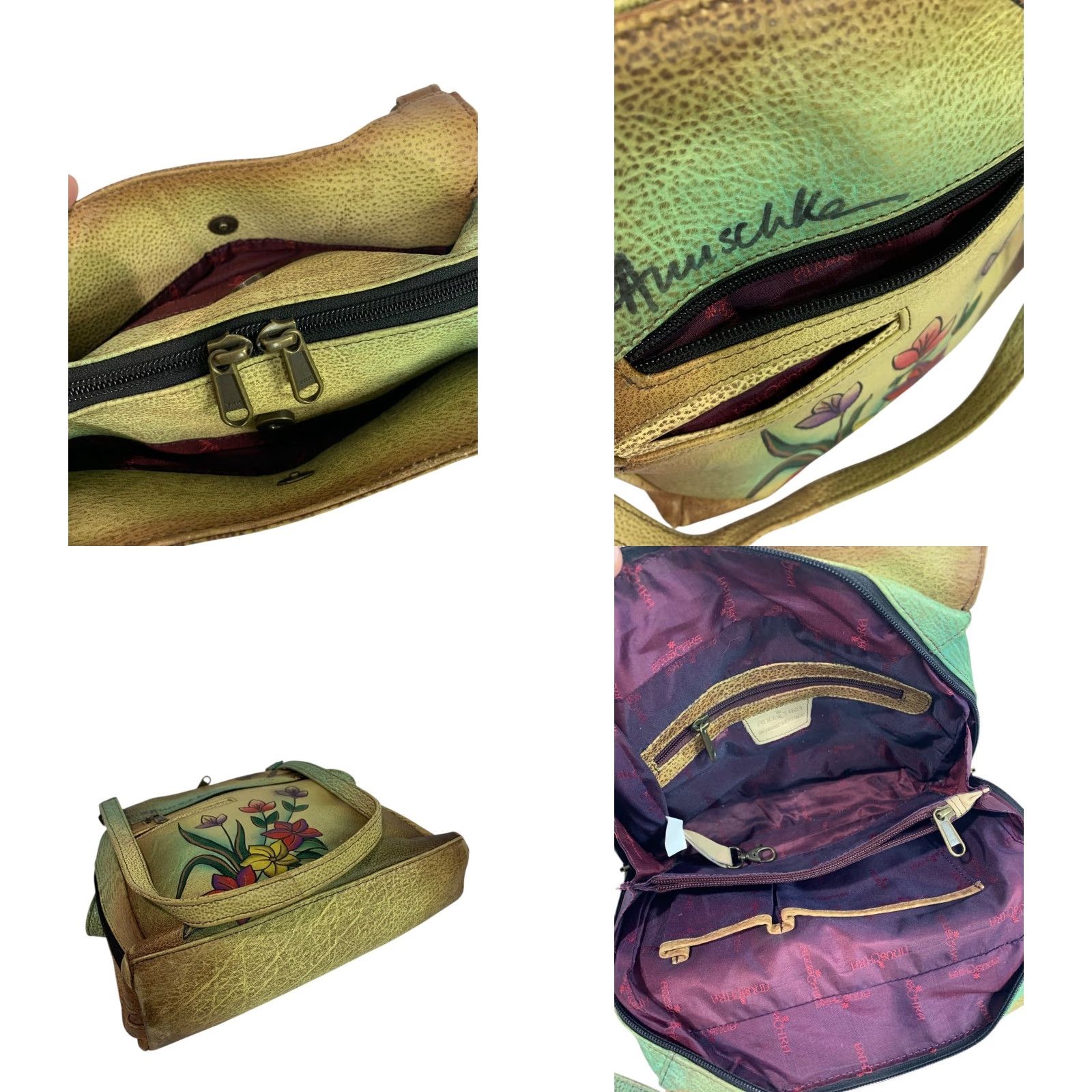 Vintage VINTAGE Anuschka Flower Leather 3 Compartment Shoulder Bag Hand-Painted USA Women Leather Shoulder Bag 9"h 10.5"l 3.25"d Green Size ONE SIZE - 8 Thumbnail