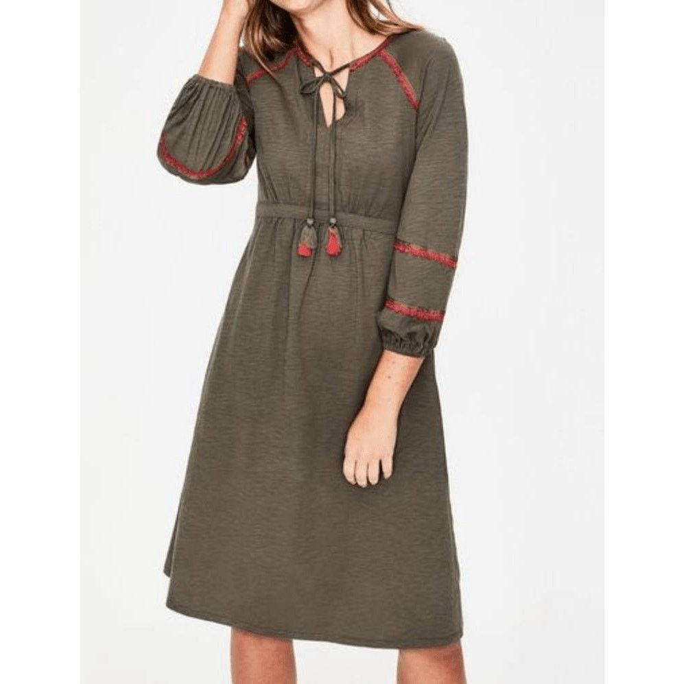 Boden Boden Heidi Army Green Red Detail Tassel Tie Jersey Dress Size XS / US 0-2 / IT 36-38 - 1 Thumbnail