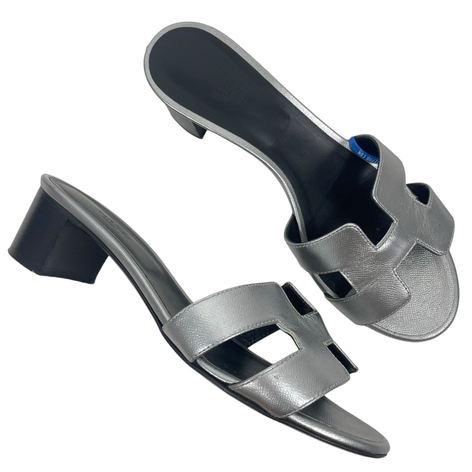 Hermes Oasis Leather Heel Shoes Sandals Signature H Silver 36.5 in Black, Women's