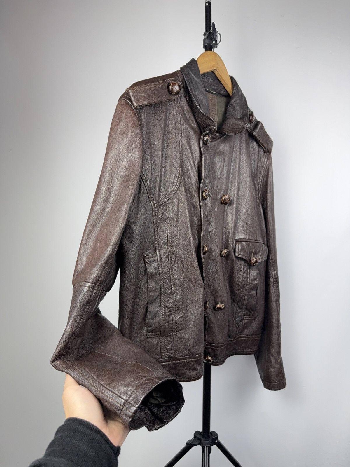 Messagerie Messagerie Italy Brown Leather Jacket Biker Military Style Size US L / EU 52-54 / 3 - 8 Thumbnail