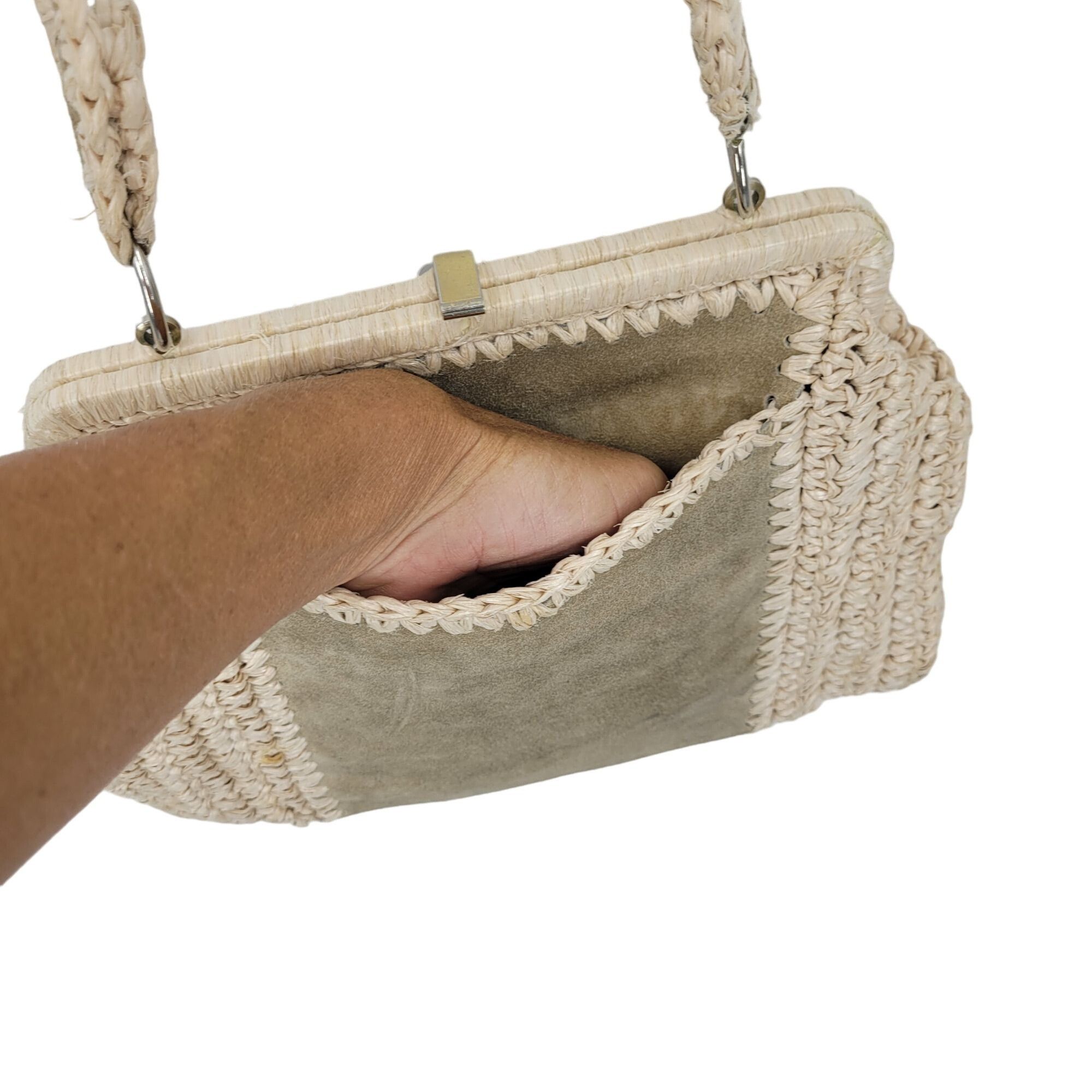 Vintage Vintage Handmade Crochet Macrame Straw Suede Shoulder Bag P Size ONE SIZE - 7 Thumbnail