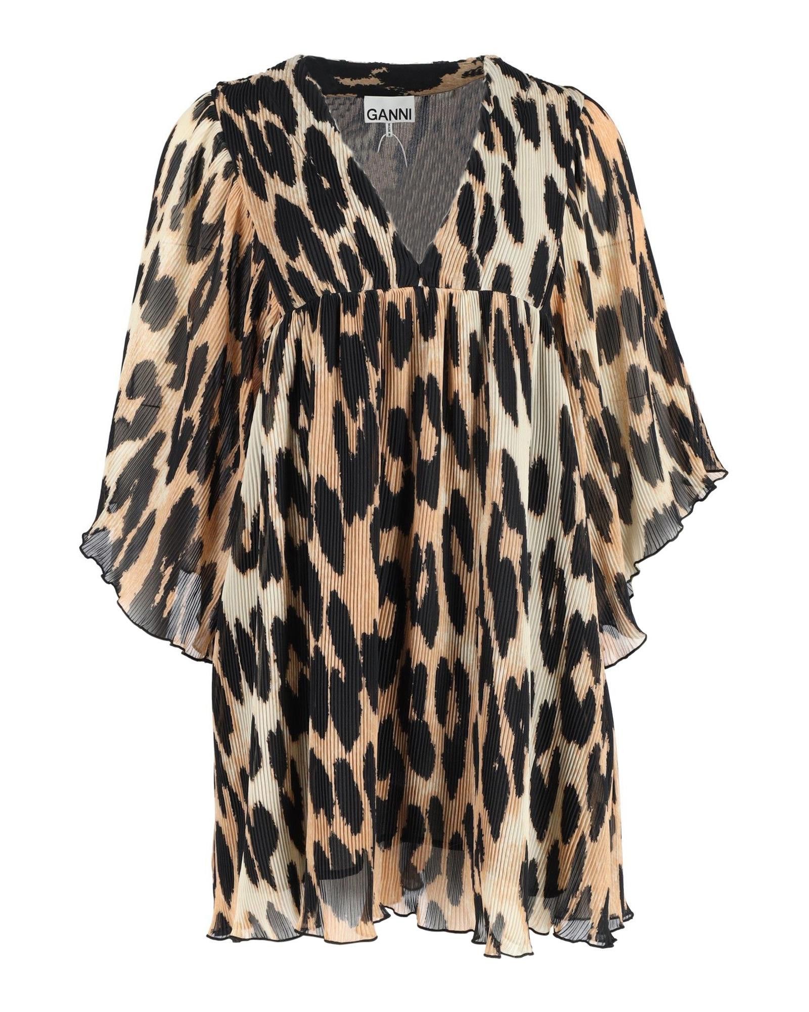 Image of Ganni Leopard-Print Pleated Oversized Mini Dress In Brown Polyester, Women's (Size Small)